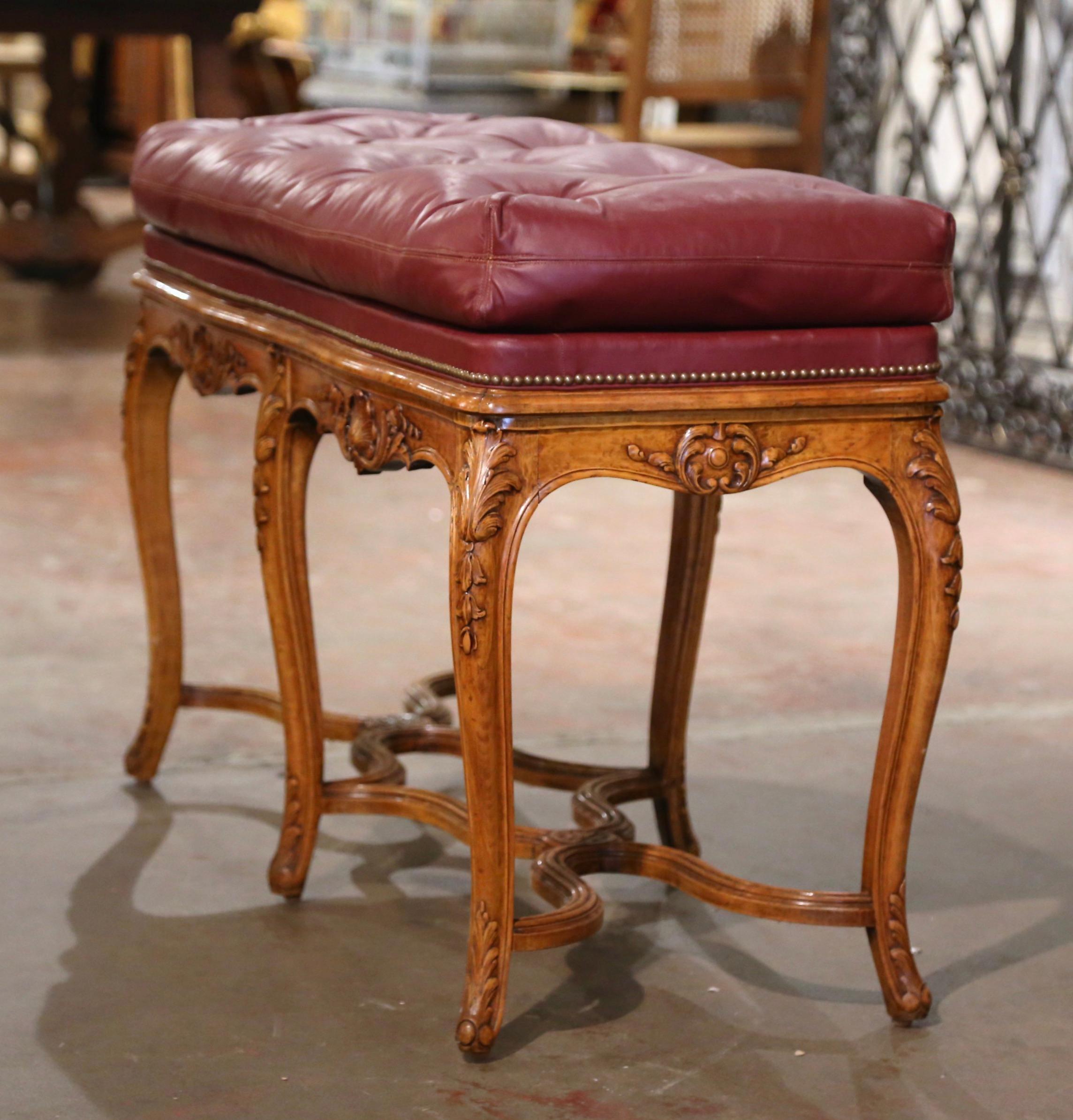 20th Century Midcentury French Louis XV Carved Walnut Bench with Hermes Leather Upholstery 