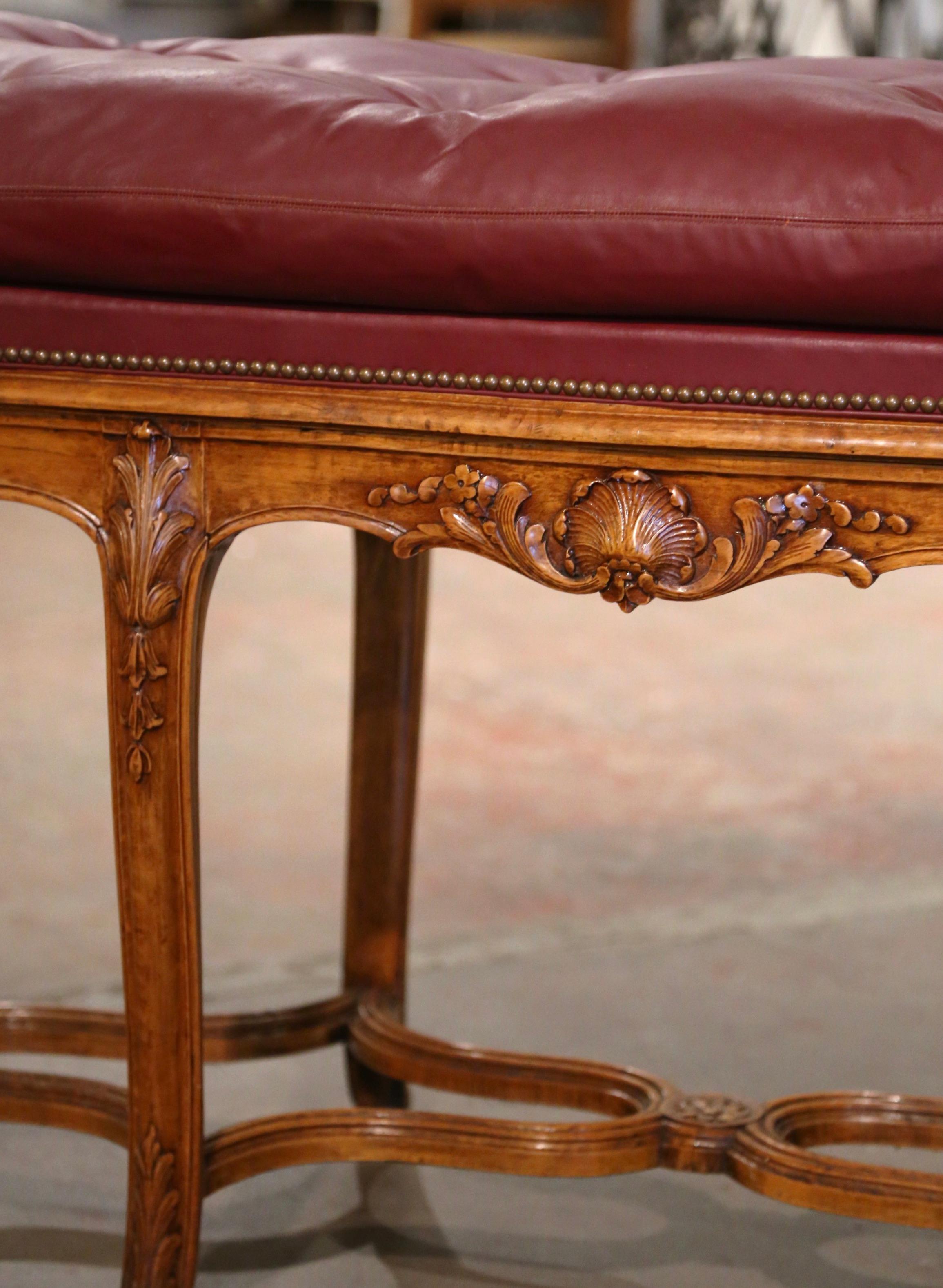 Midcentury French Louis XV Carved Walnut Bench with Hermes Leather Upholstery  1