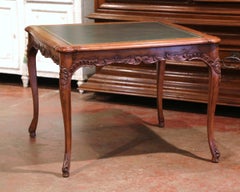 Mid-Century French Louis XV Carved Walnut Card Game Table with Green Leather Top