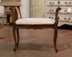 Mid-Century French Louis XV Carved Walnut Piano Bench with Stripe Silk Fabric
