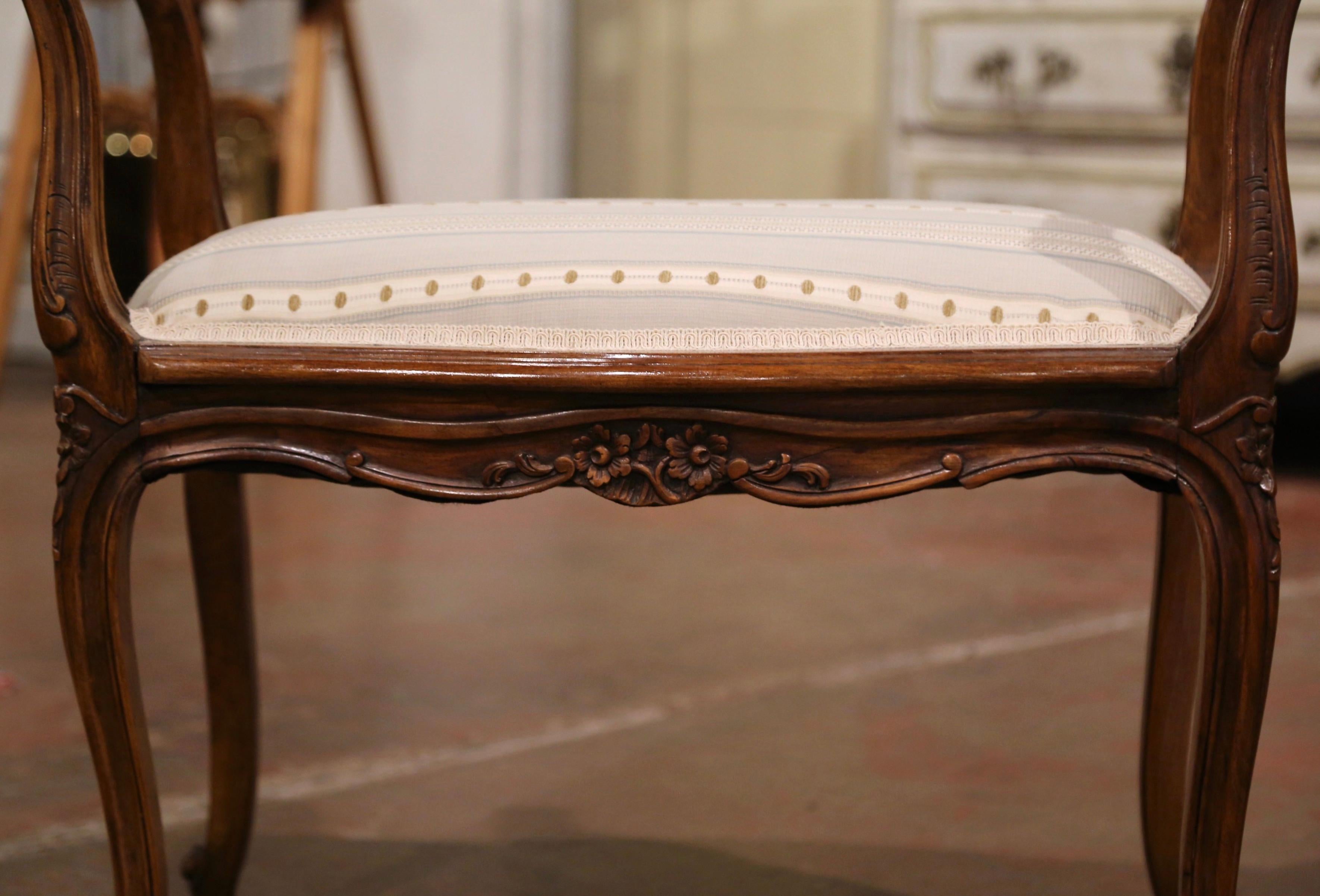 Hand-Carved Mid-Century French Louis XV Carved Walnut Piano Bench with Stripe Silk Fabric