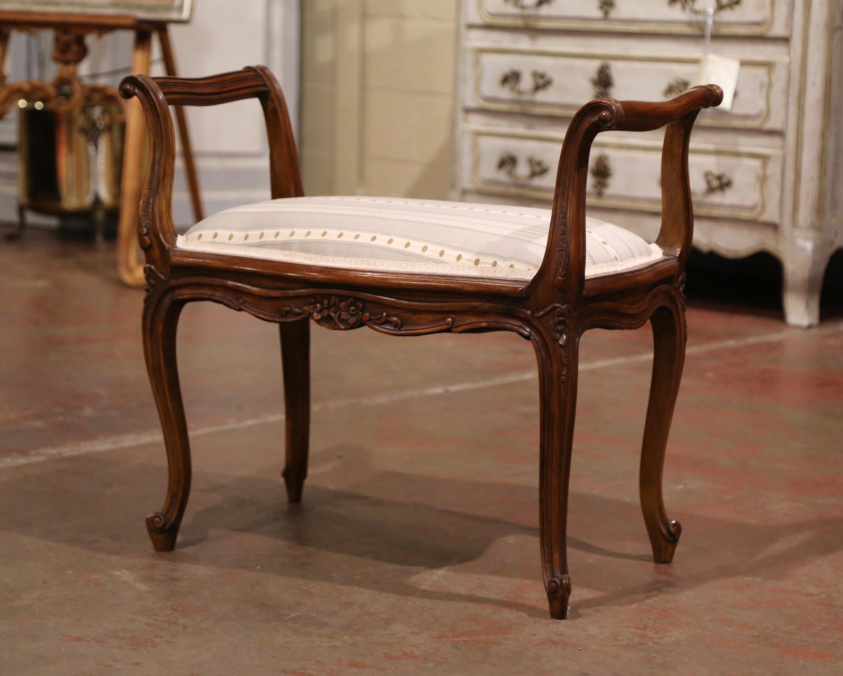 20th Century Mid-Century French Louis XV Carved Walnut Piano Bench with Stripe Silk Fabric