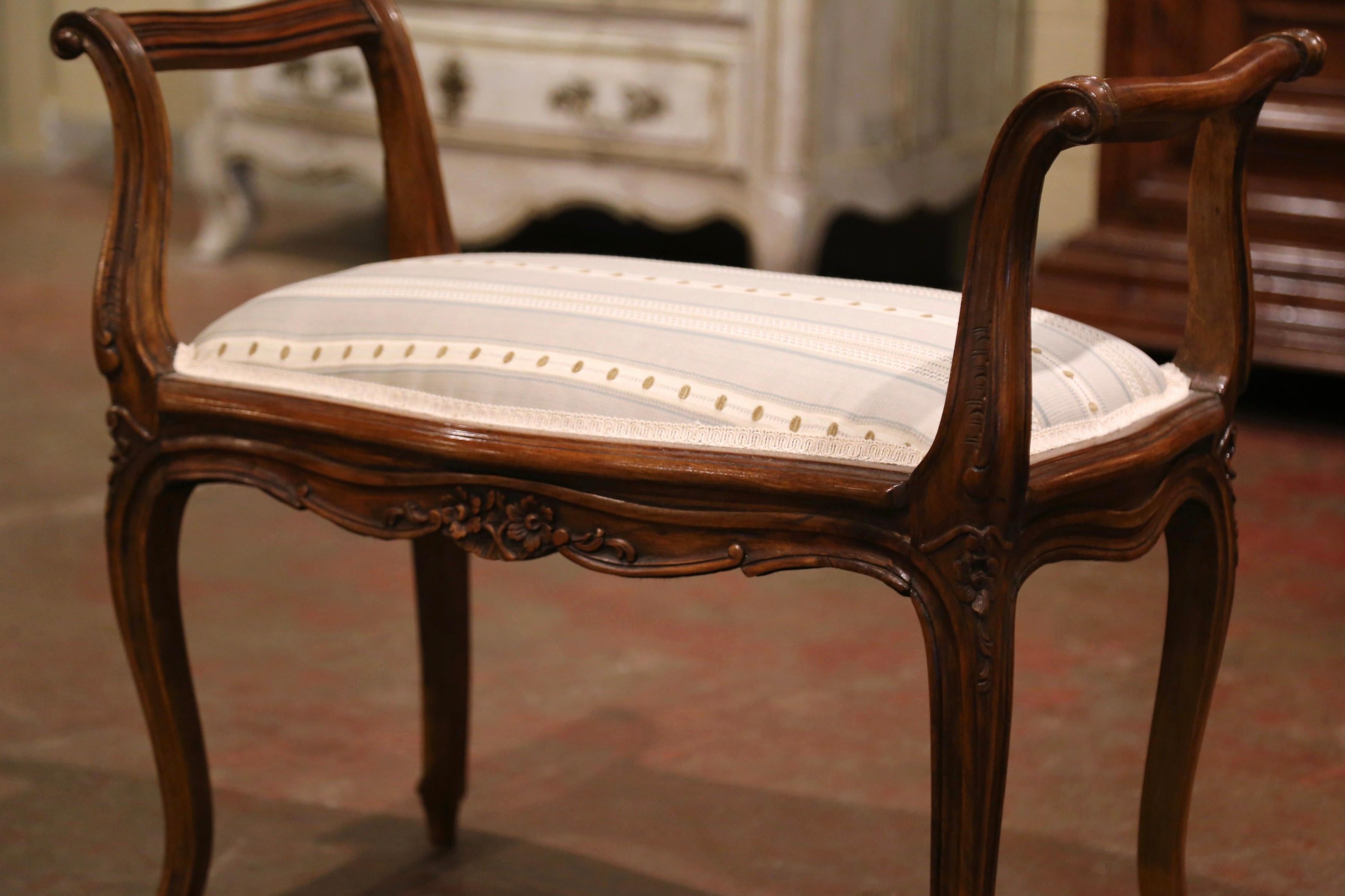 Mid-Century French Louis XV Carved Walnut Piano Bench with Stripe Silk Fabric 1