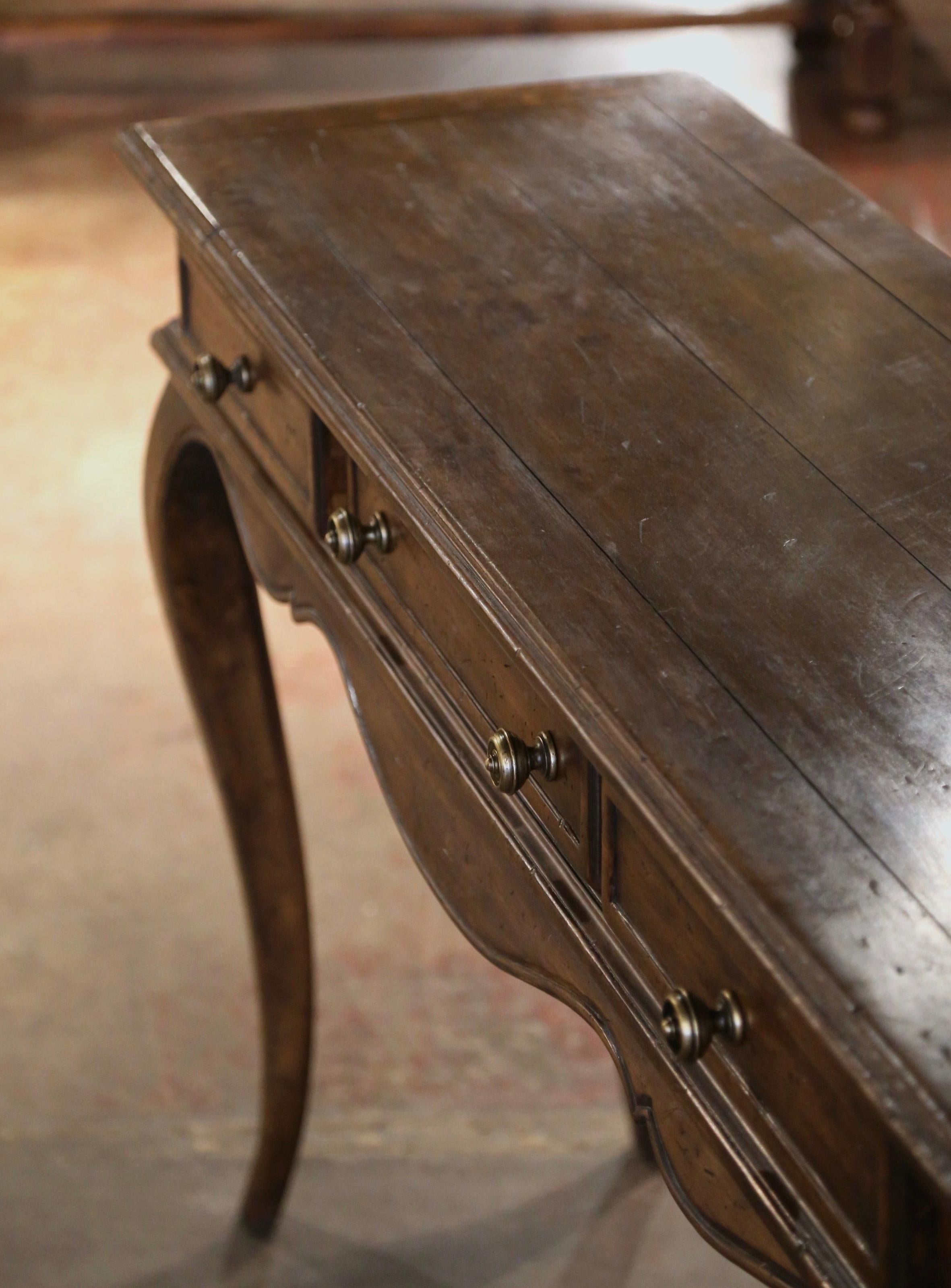 Hand-Carved Mid-Century French Louis XV Carved Walnut Three-Drawer Console Table For Sale