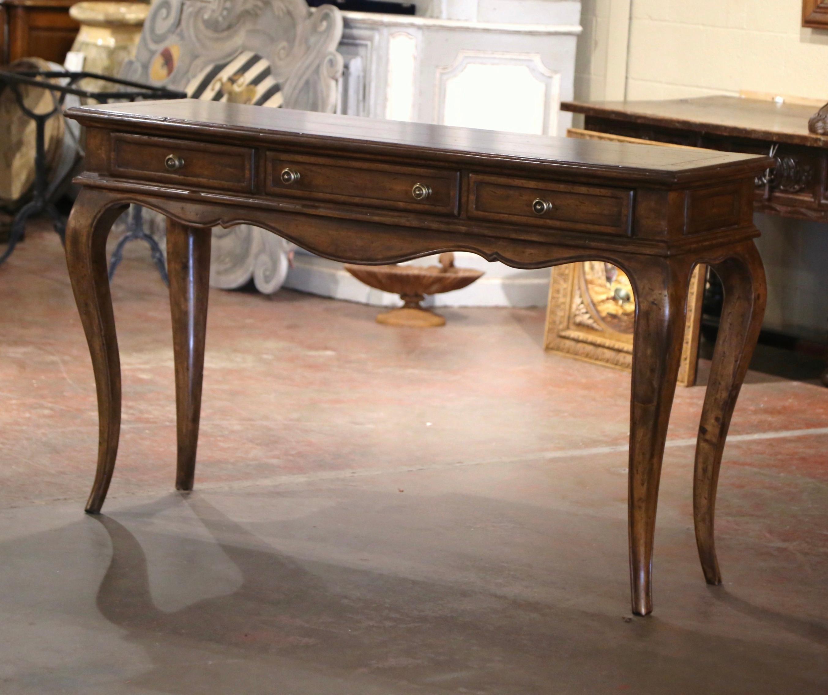 Mid-Century French Louis XV Carved Walnut Three-Drawer Console Table In Excellent Condition For Sale In Dallas, TX