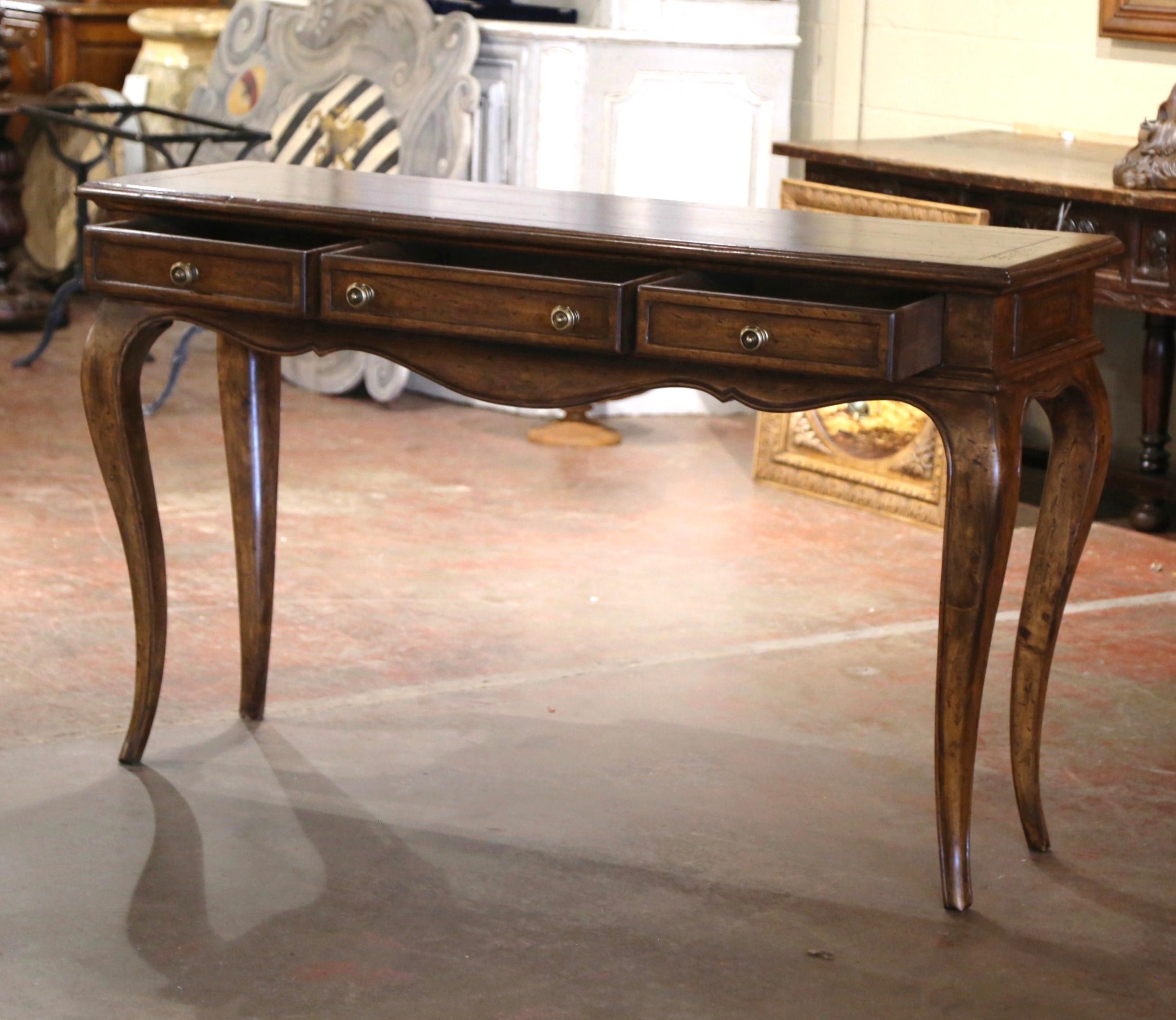20th Century Mid-Century French Louis XV Carved Walnut Three-Drawer Console Table For Sale
