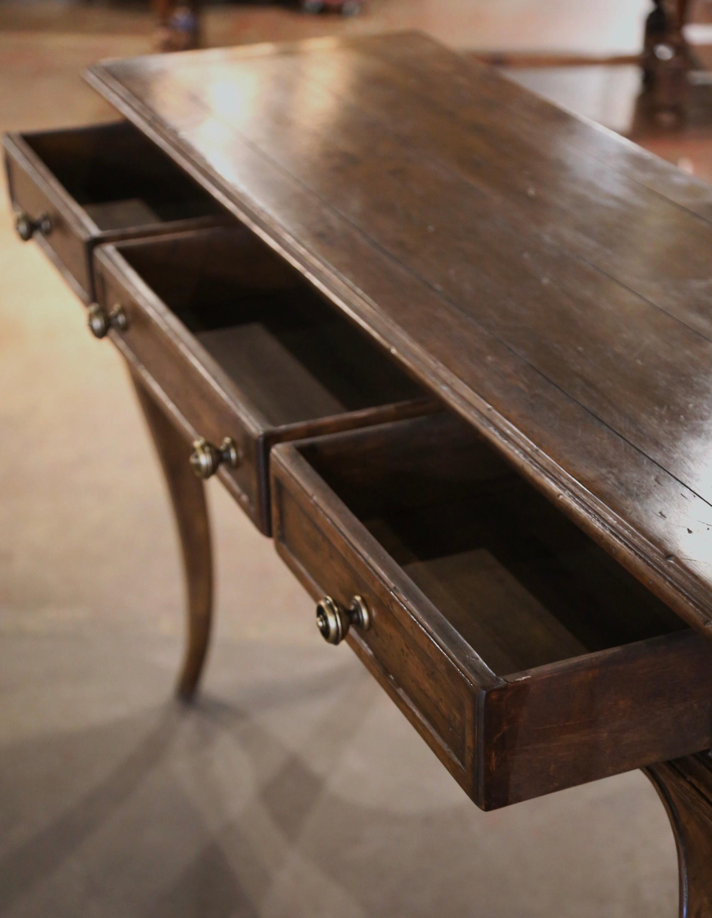 Mid-Century French Louis XV Carved Walnut Three-Drawer Console Table For Sale 1