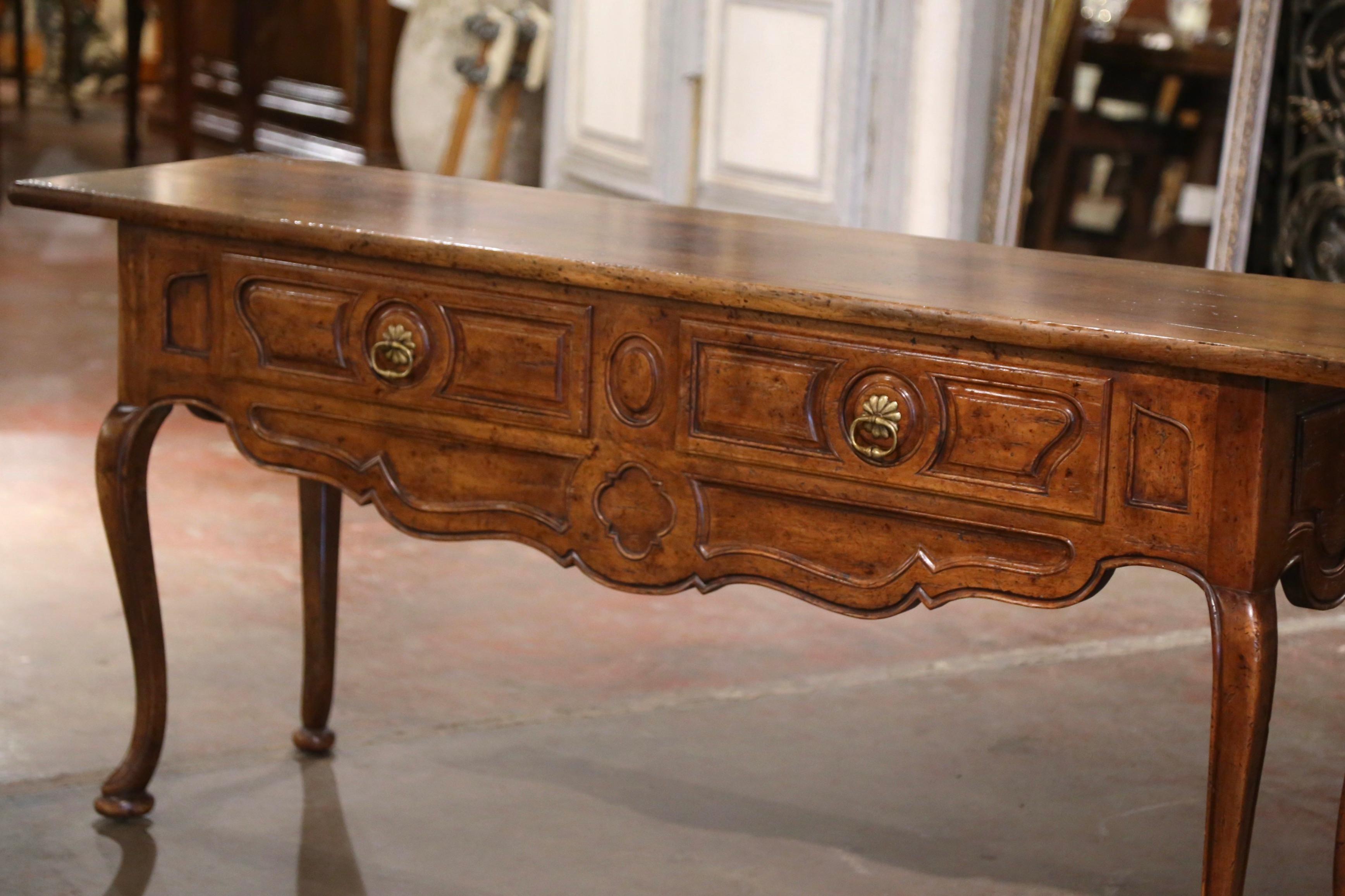 Hand-Carved Mid-Century French Louis XV Carved Walnut Two-Drawer Console Table