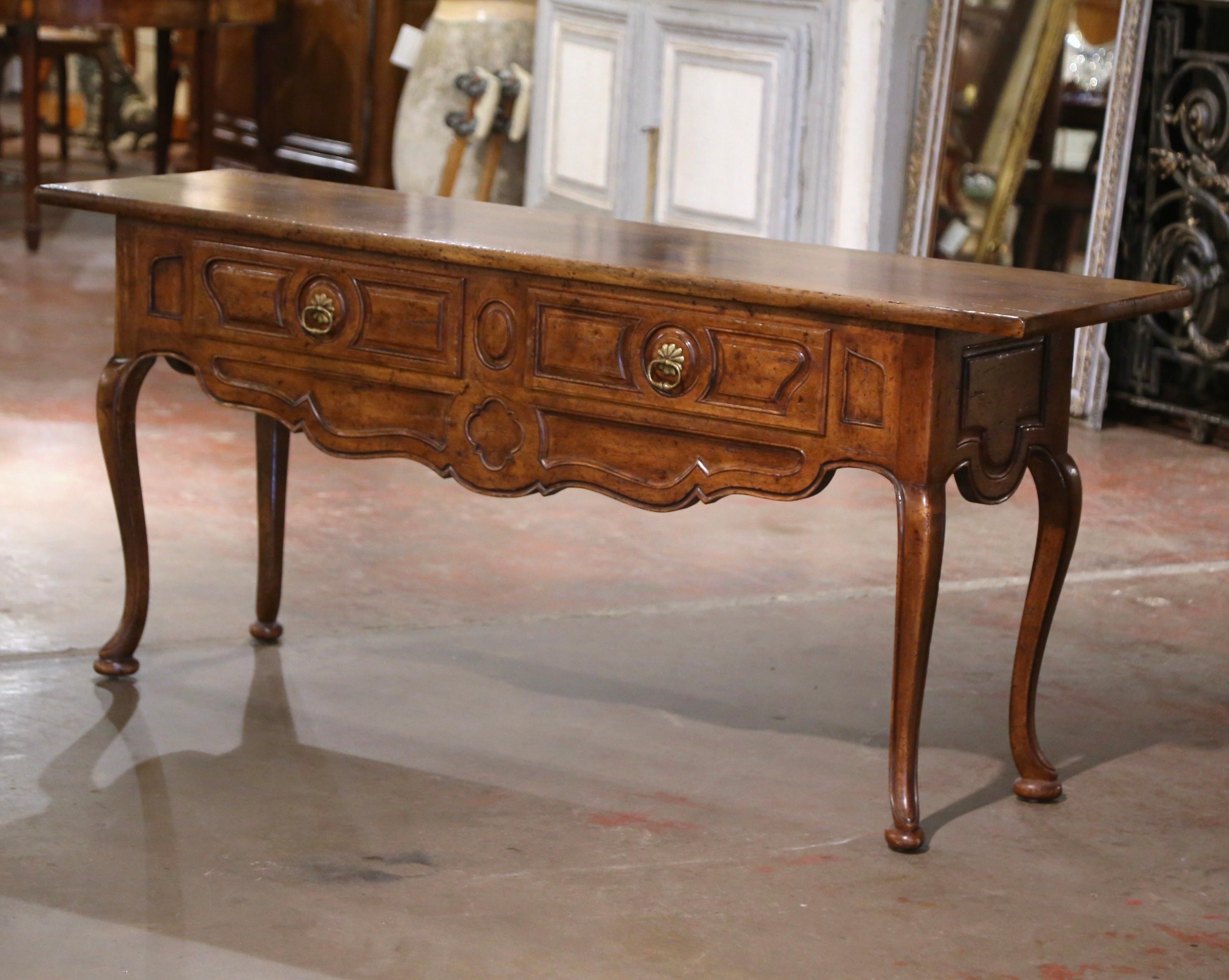 Mid-Century French Louis XV Carved Walnut Two-Drawer Console Table In Excellent Condition In Dallas, TX
