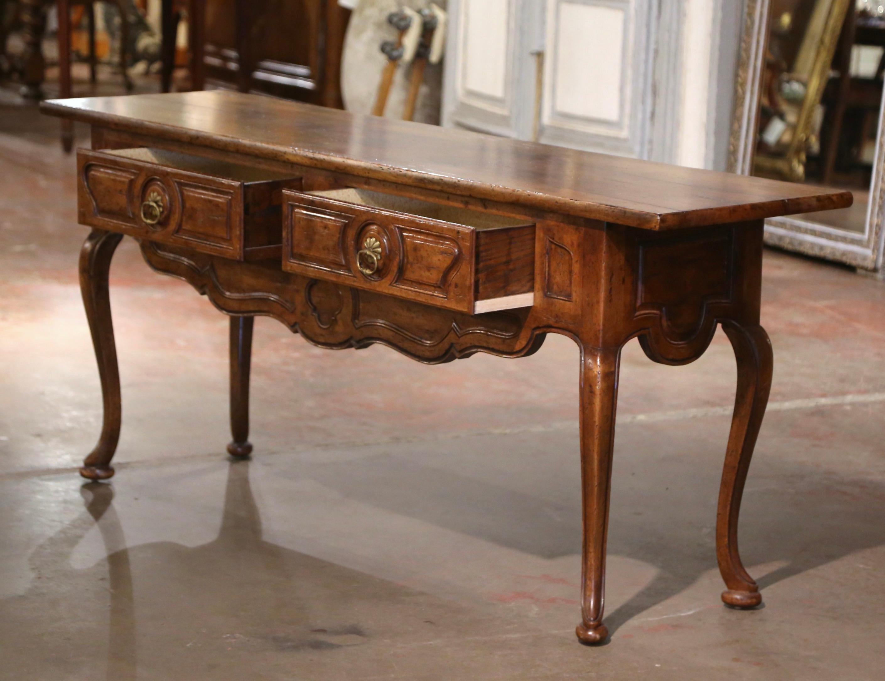 Mid-Century French Louis XV Carved Walnut Two-Drawer Console Table 1