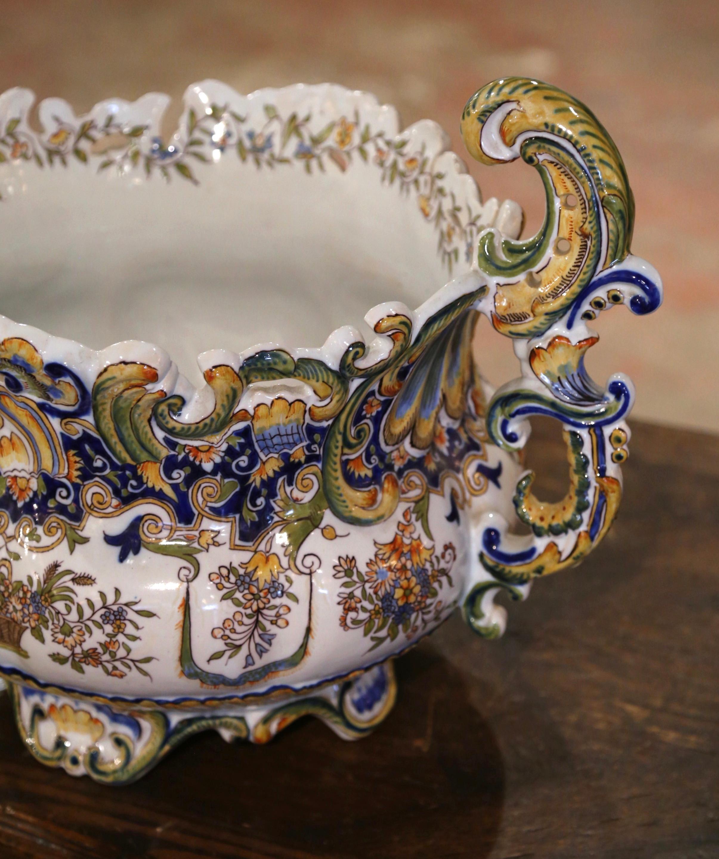 Mid-Century French Louis XV Hand Painted Faience Cache Pot from Rouen In Excellent Condition For Sale In Dallas, TX