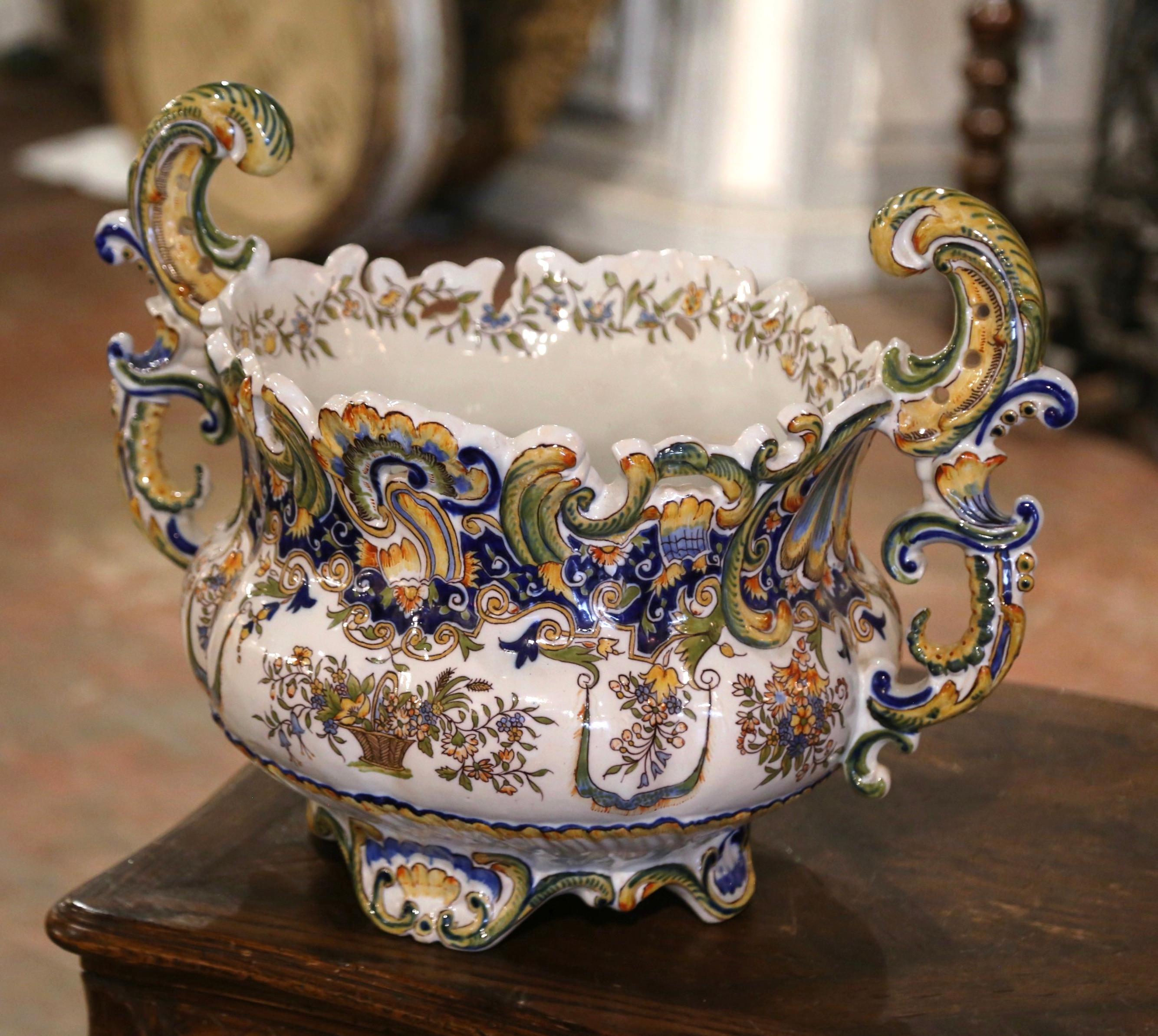 20th Century Mid-Century French Louis XV Hand Painted Faience Cache Pot from Rouen For Sale