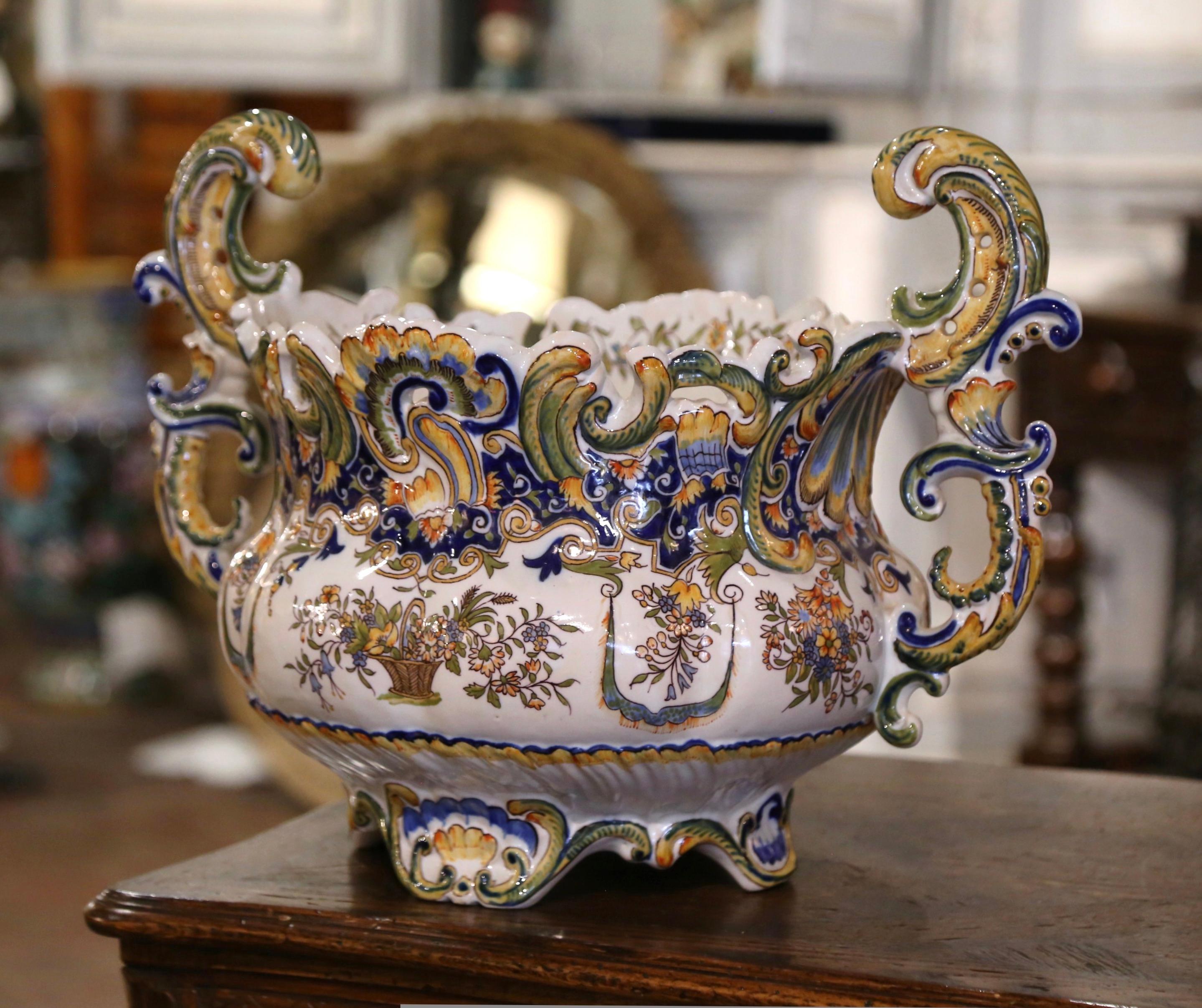 Ceramic Mid-Century French Louis XV Hand Painted Faience Cache Pot from Rouen For Sale