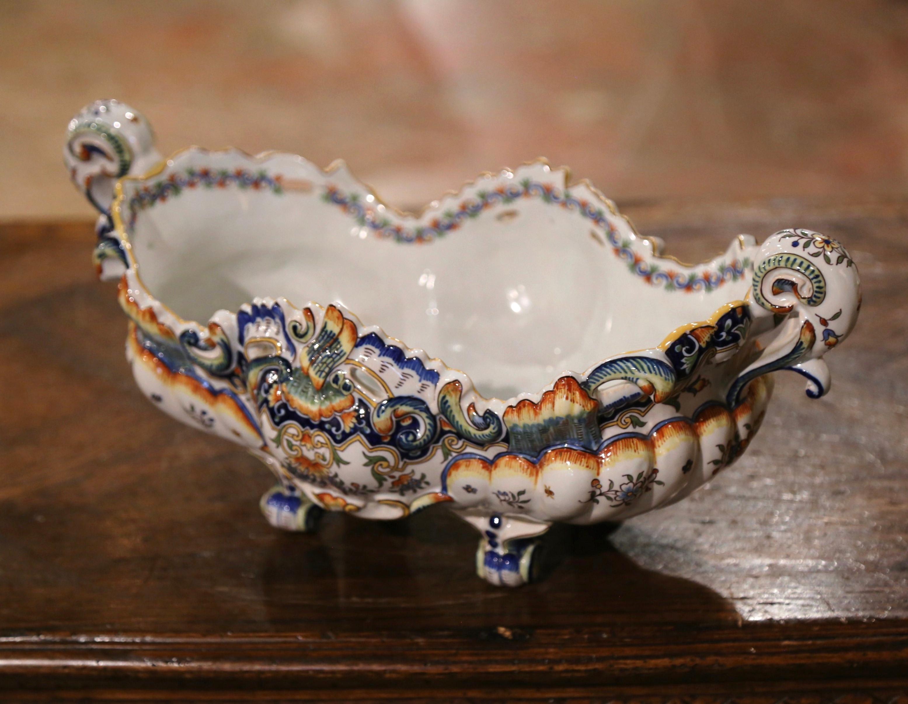 Hand-Crafted Mid-Century French Louis XV Hand Painted Faience Oval Jardinière from Rouen For Sale