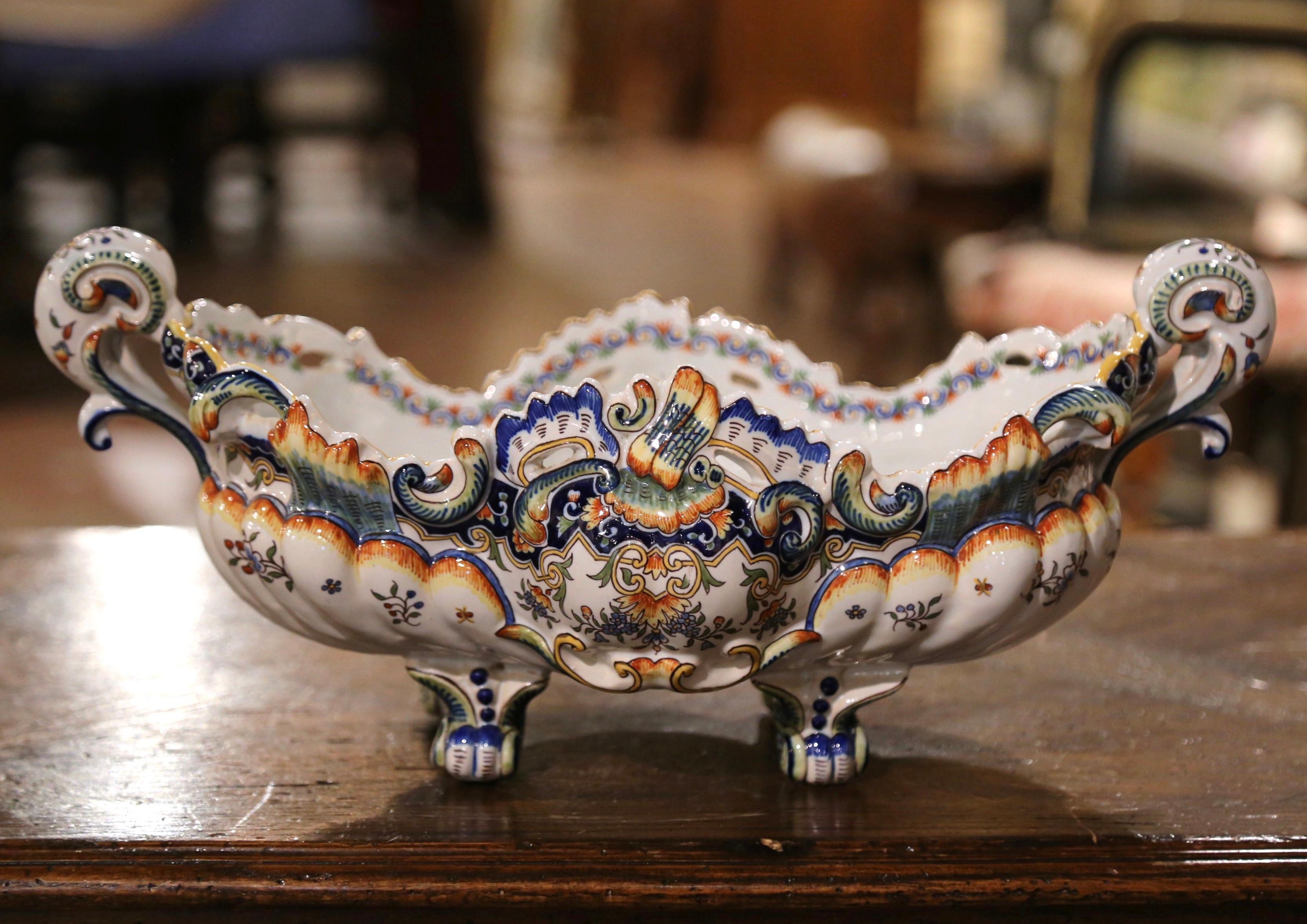 20th Century Mid-Century French Louis XV Hand Painted Faience Oval Jardinière from Rouen For Sale