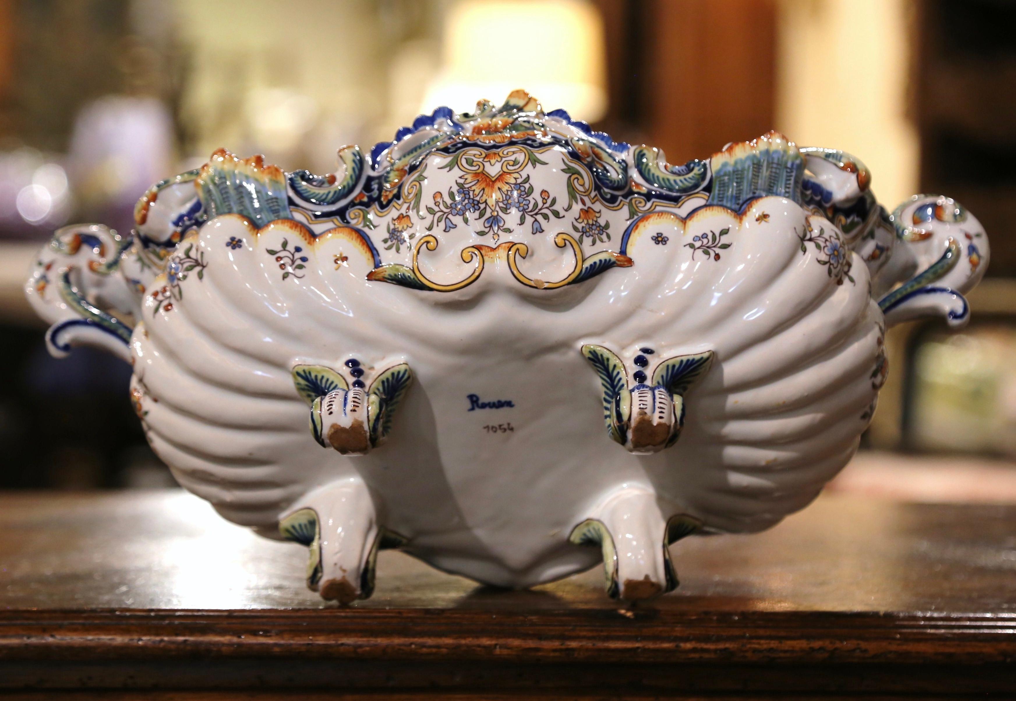 Mid-Century French Louis XV Hand Painted Faience Oval Jardinière from Rouen For Sale 2
