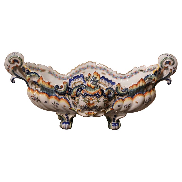 Jardinière Ancienne En Faïence Decor - Forme Ovale, Décor Bleu, état D'occasion