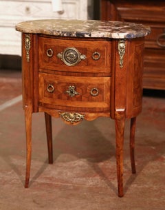 Mid-Century French Louis XV Marble Top Carved Inlaid Walnut Commode Chest