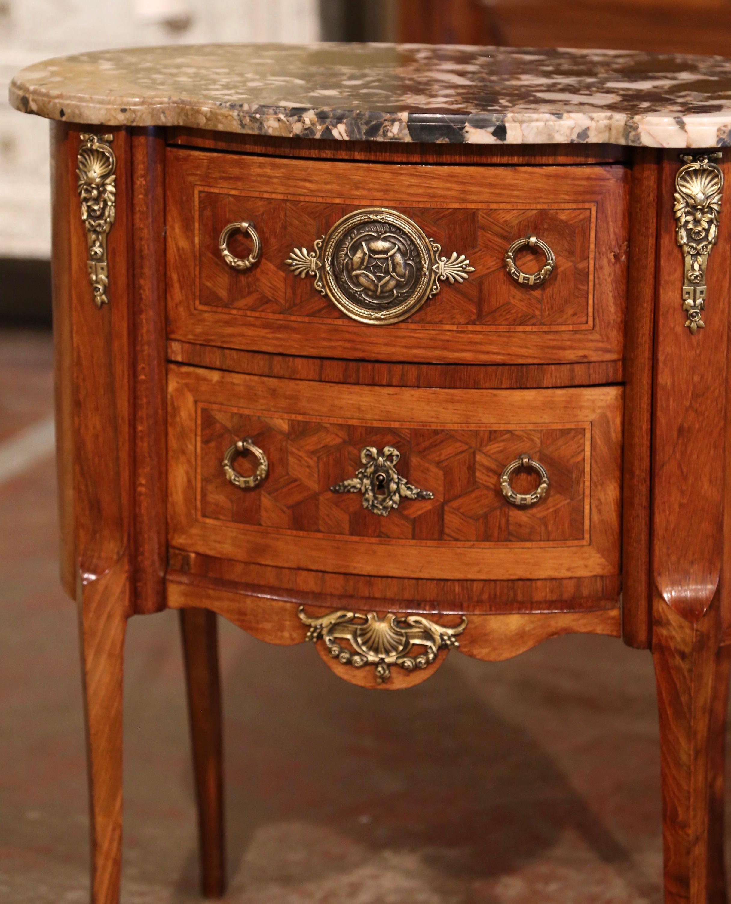 Hand-Carved Mid-Century French Louis XV Marble Top Carved Inlaid Walnut Commode Chest