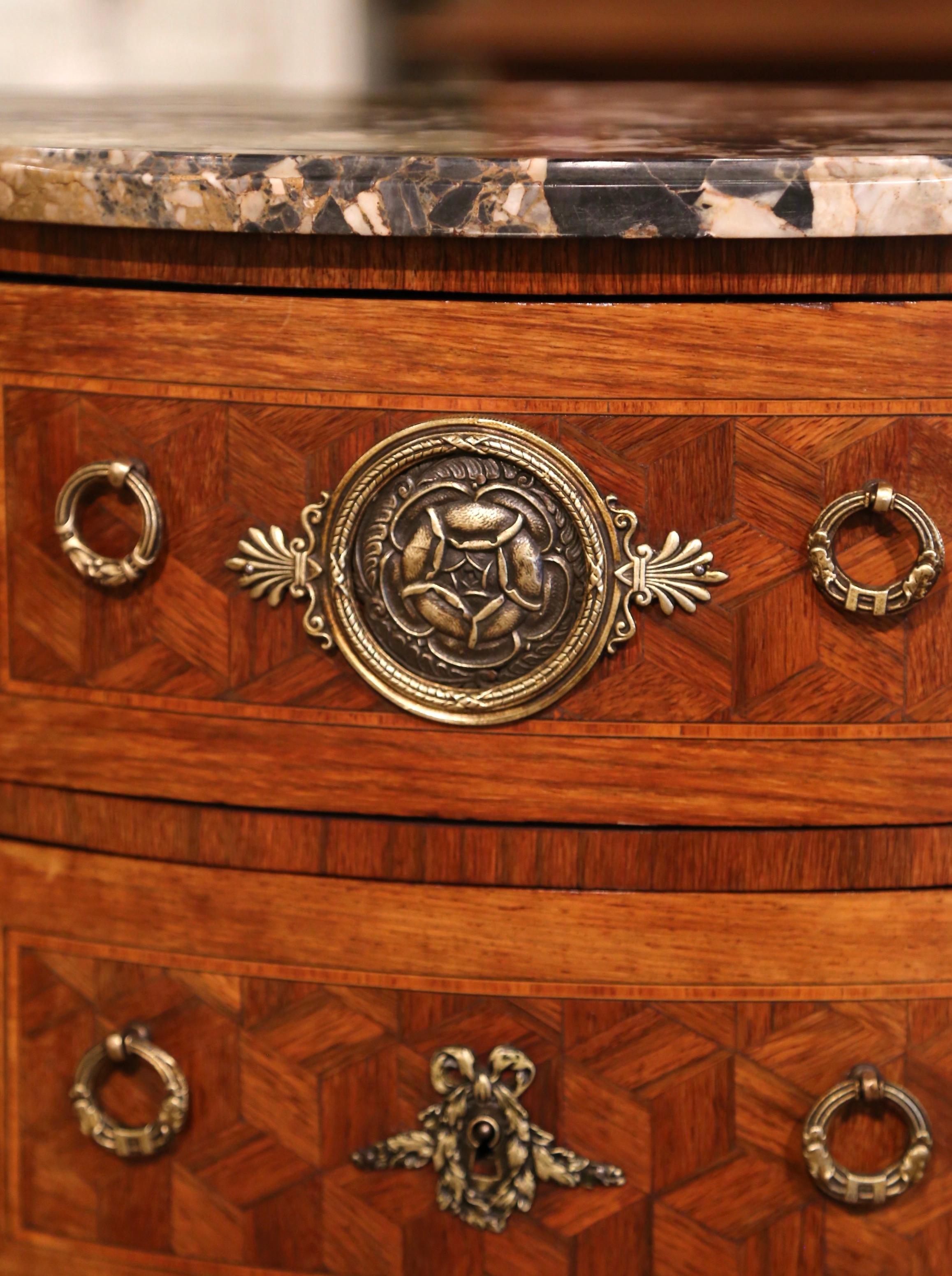 Bronze Mid-Century French Louis XV Marble Top Carved Inlaid Walnut Commode Chest
