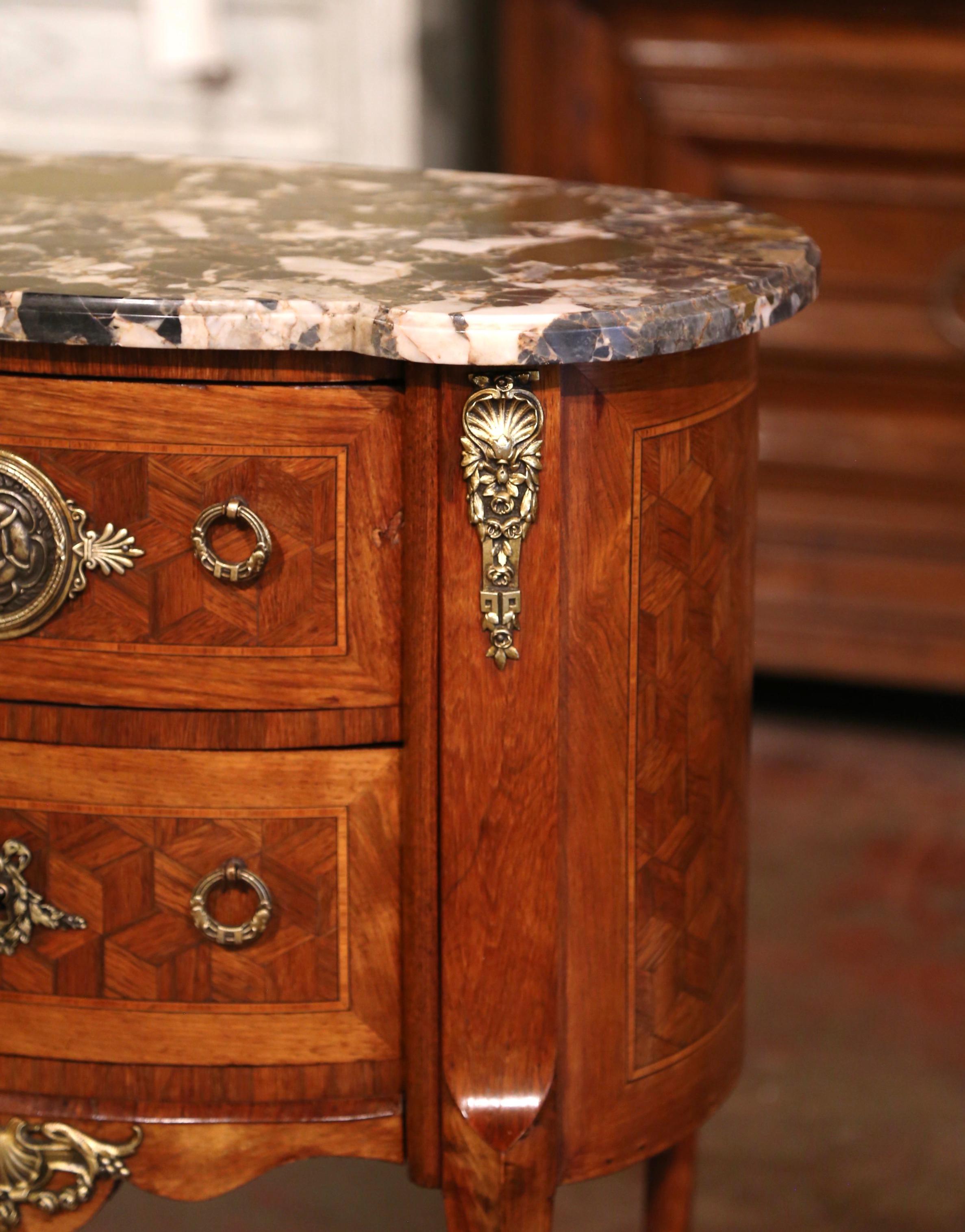 Mid-Century French Louis XV Marble Top Carved Inlaid Walnut Commode Chest 1