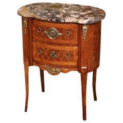 Commode française du milieu du siècle dernier de style Louis XV avec plateau en marbre et noyer incrusté