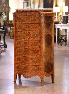 Mid-Century French Louis XV Marble Top Marquetry Bombe Seven-Drawer Semainier