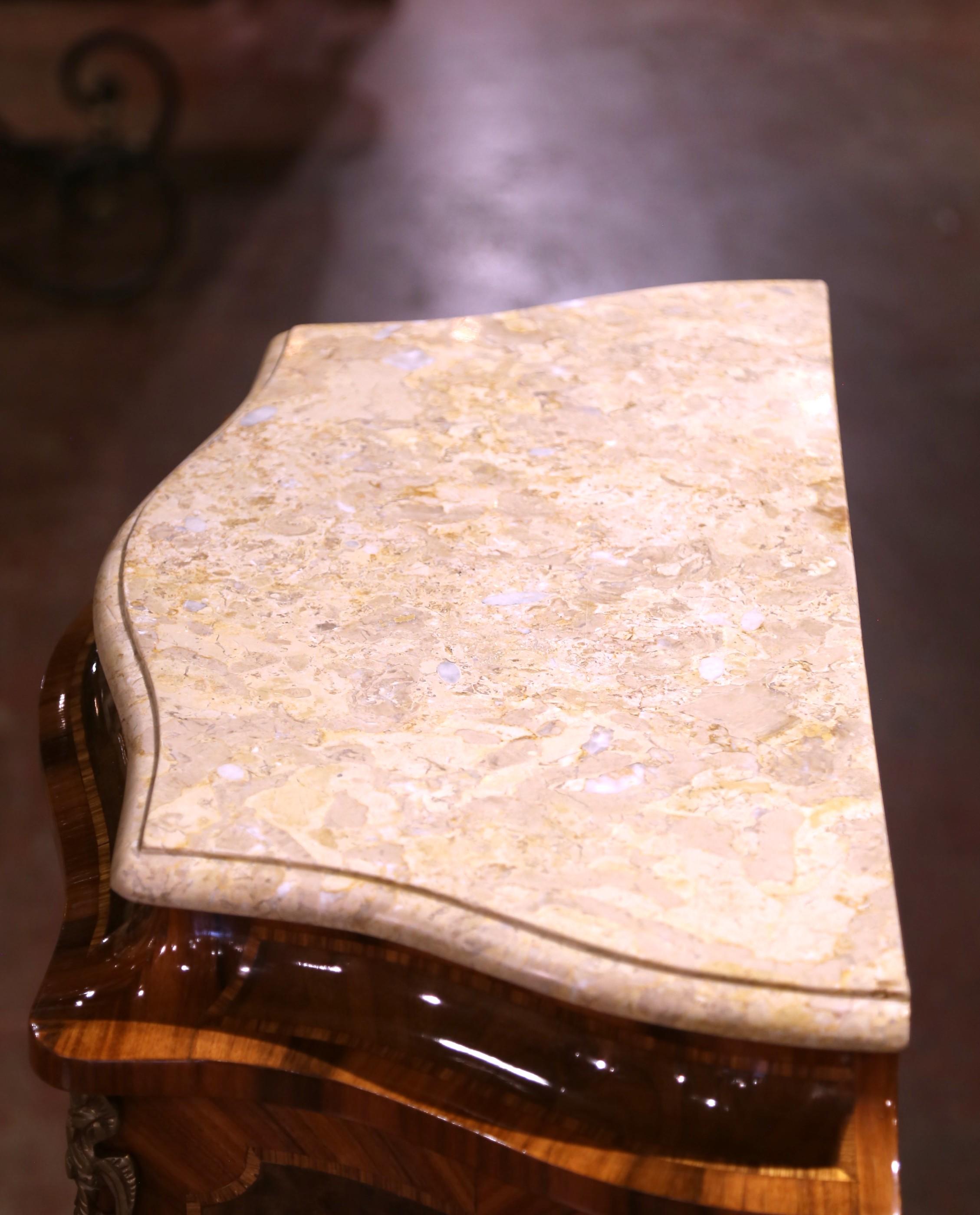 Hand-Carved Mid-Century French Louis XV Marble Top Marquetry Bombe Seven-Drawer Semainier For Sale