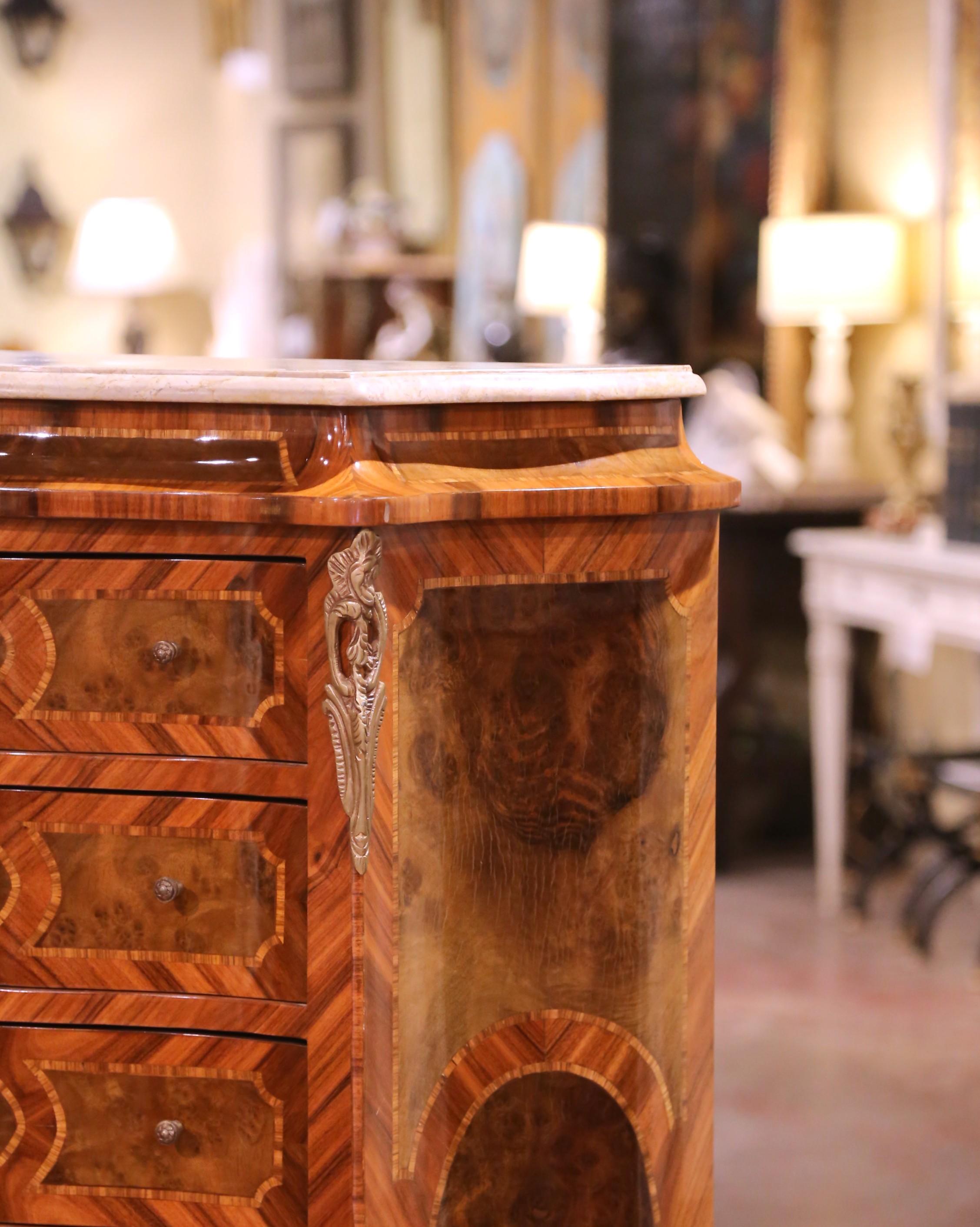 Mid-Century French Louis XV Marble Top Marquetry Bombe Seven-Drawer Semainier In Excellent Condition For Sale In Dallas, TX