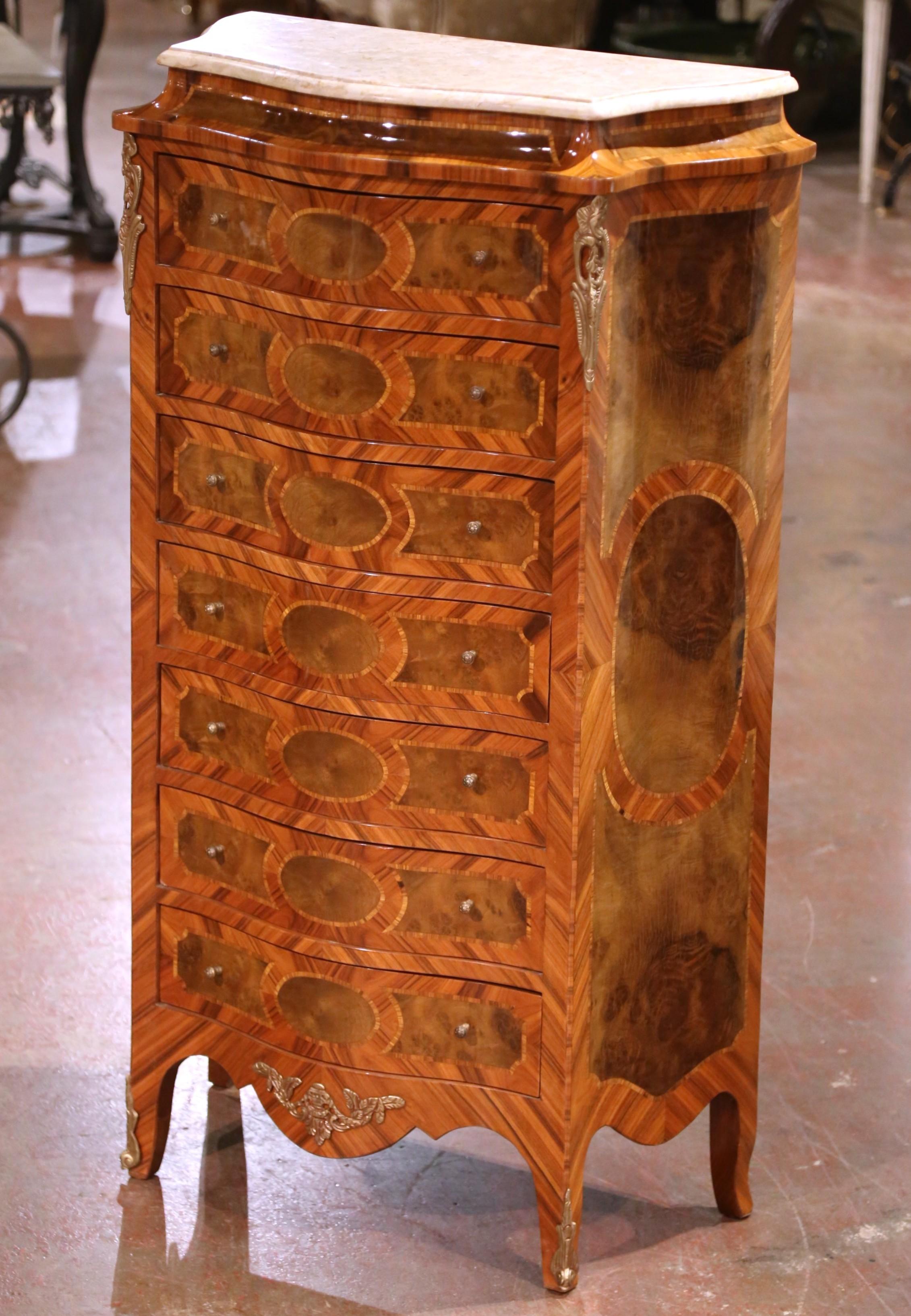 20th Century Mid-Century French Louis XV Marble Top Marquetry Bombe Seven-Drawer Semainier For Sale