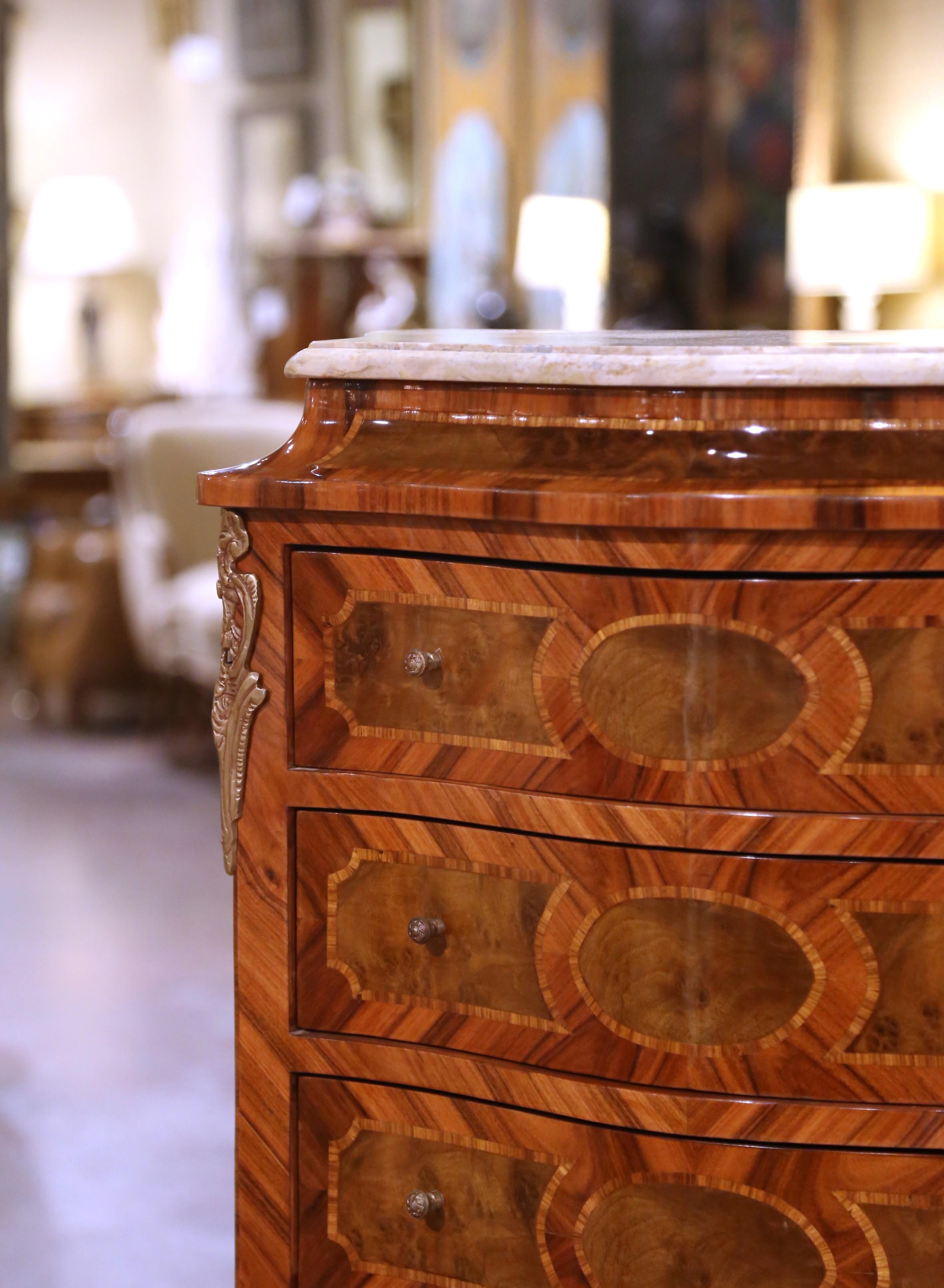 Bronze Mid-Century French Louis XV Marble Top Marquetry Bombe Seven-Drawer Semainier For Sale