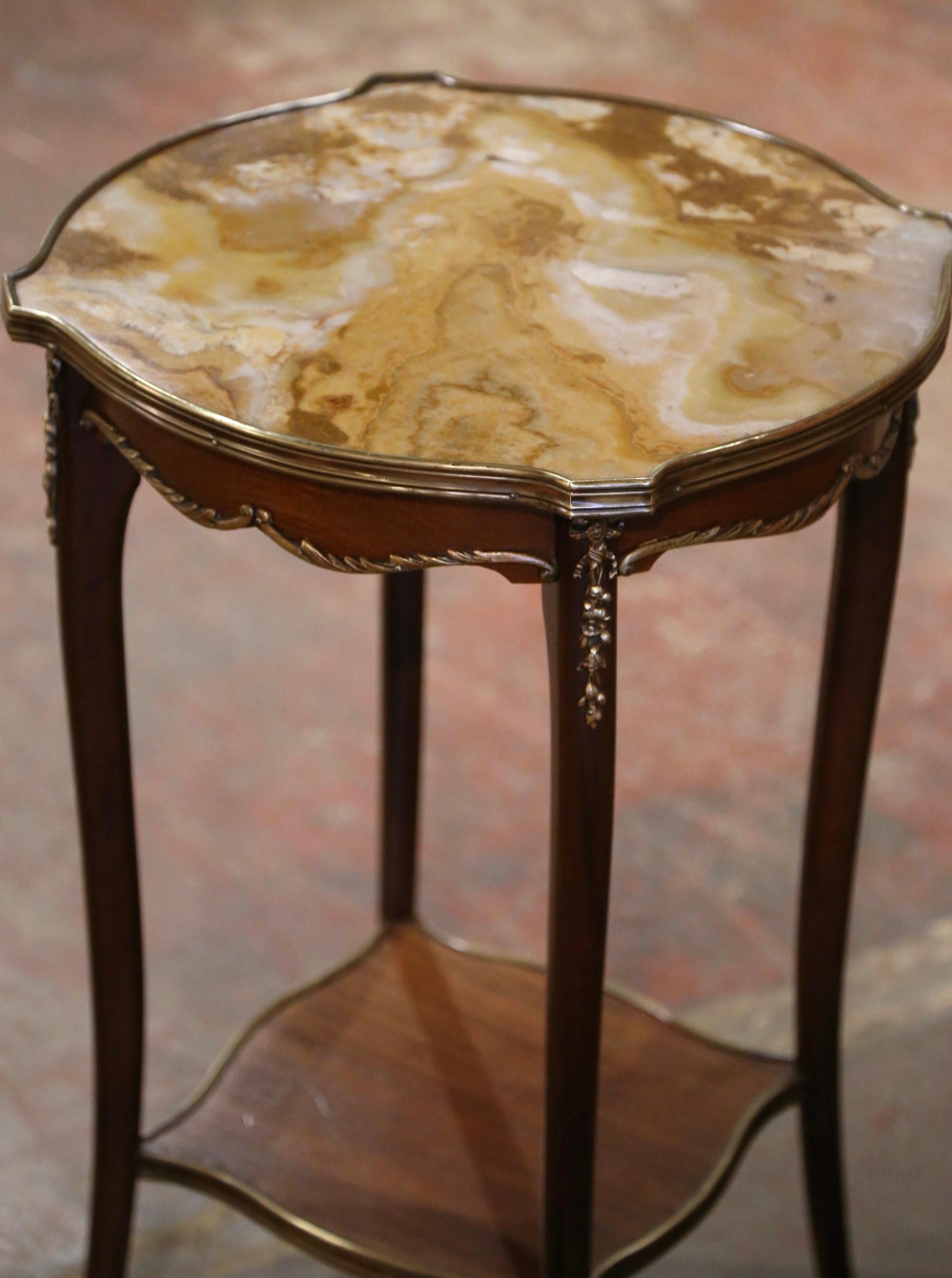 Patinated Mid-Century French Louis XV Marble Top Walnut and Bronze Oval Side Table  For Sale