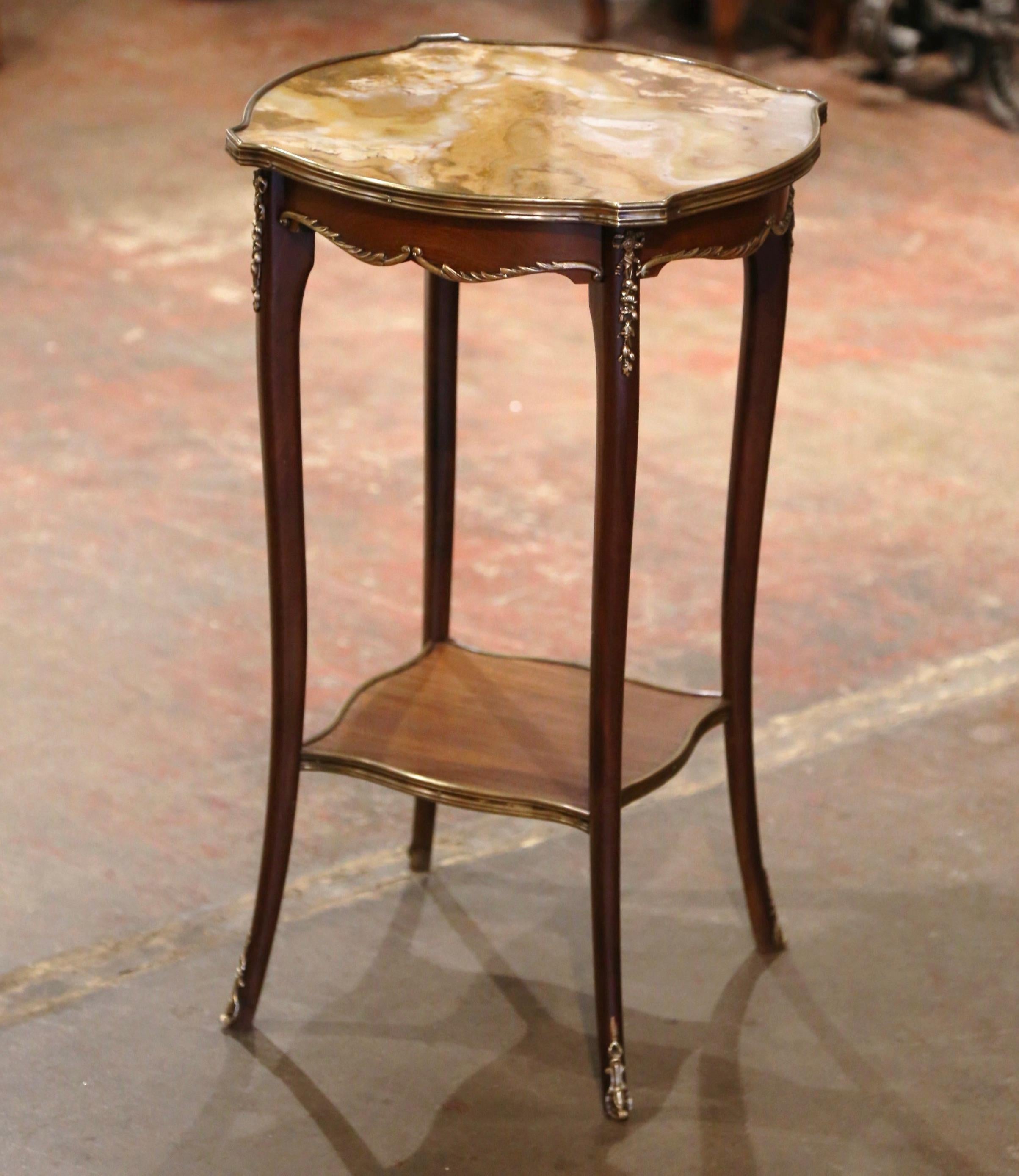 20th Century Mid-Century French Louis XV Marble Top Walnut and Bronze Oval Side Table  For Sale