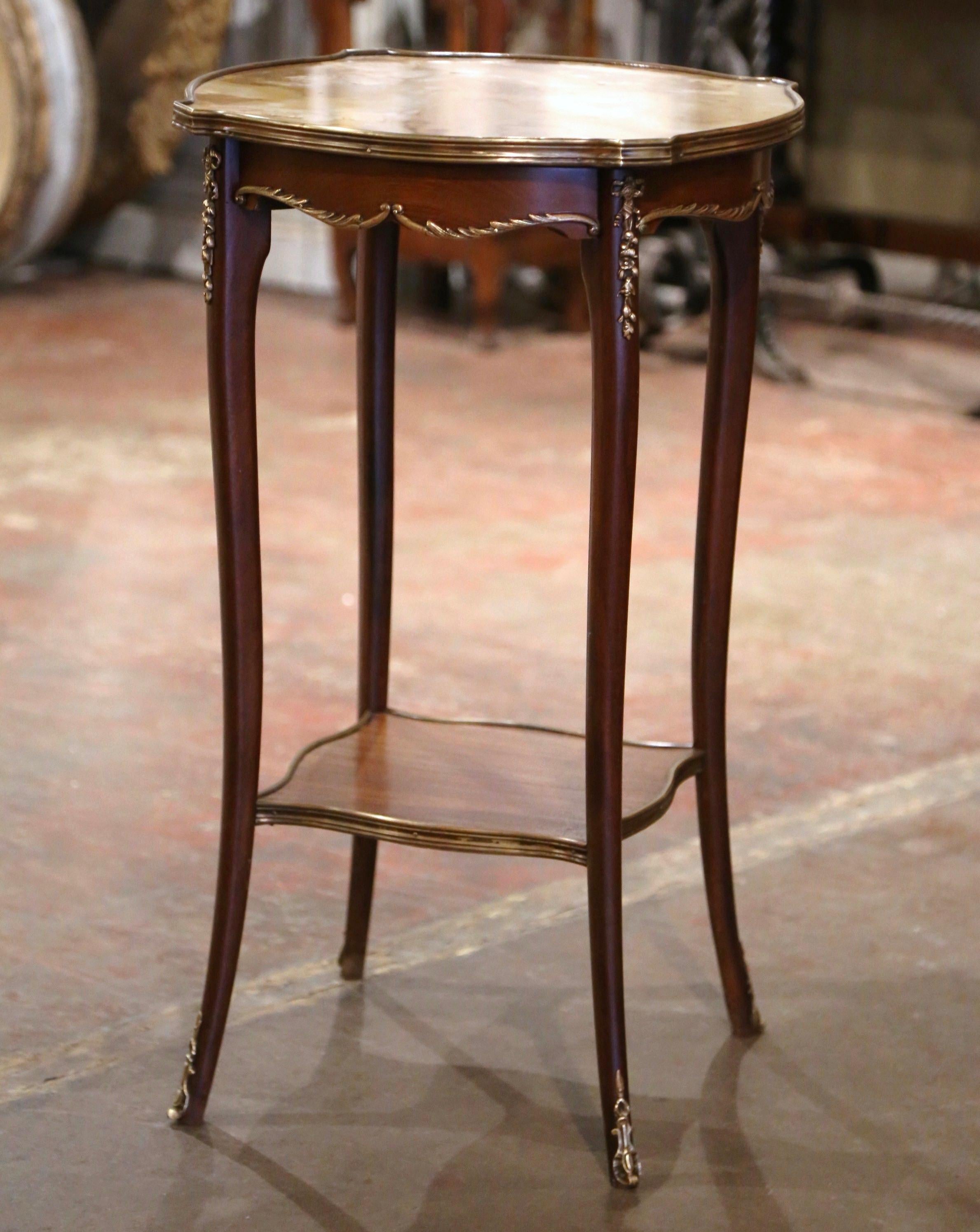 Mid-Century French Louis XV Marble Top Walnut and Bronze Oval Side Table For Sale 3