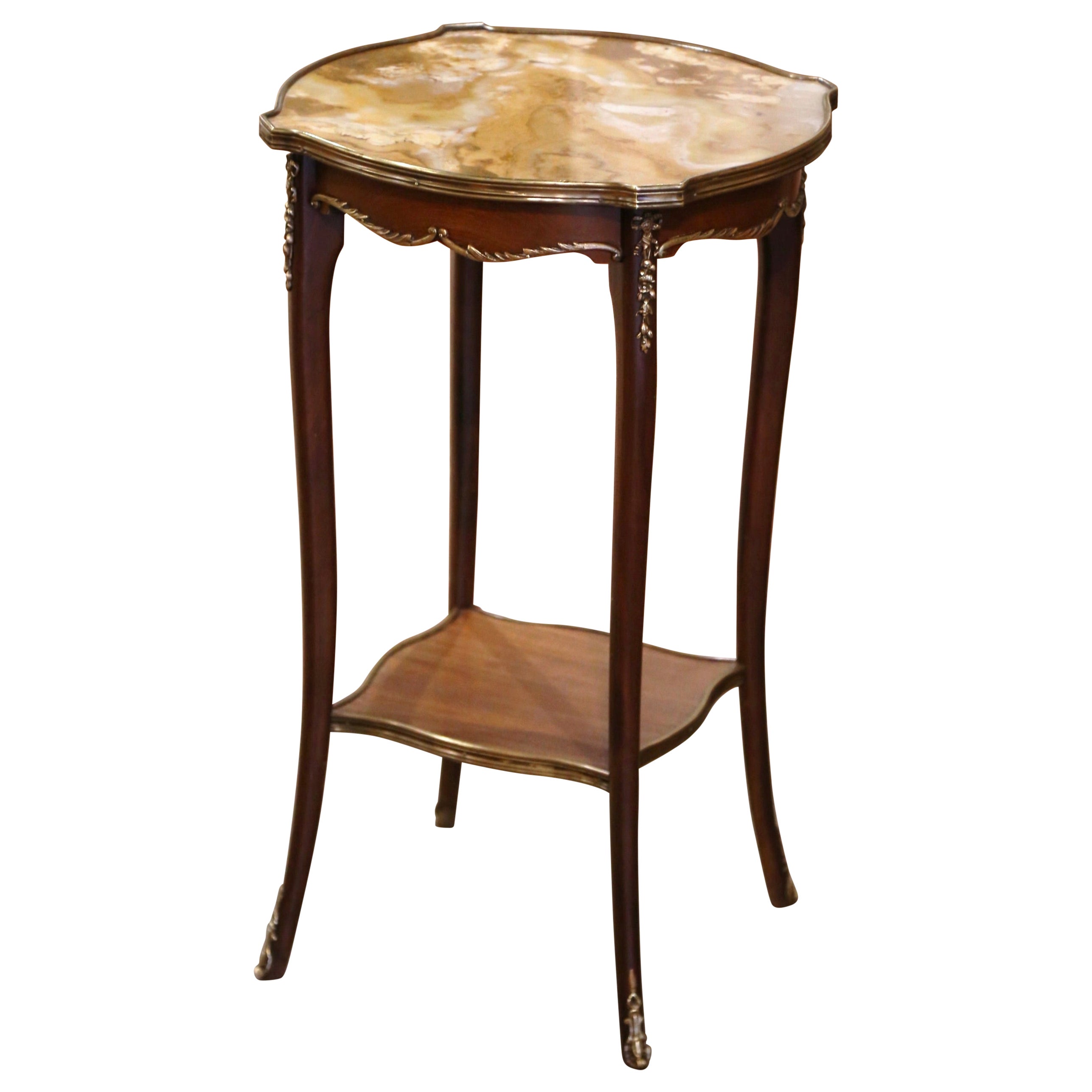 Mid-Century French Louis XV Marble Top Walnut and Bronze Oval Side Table