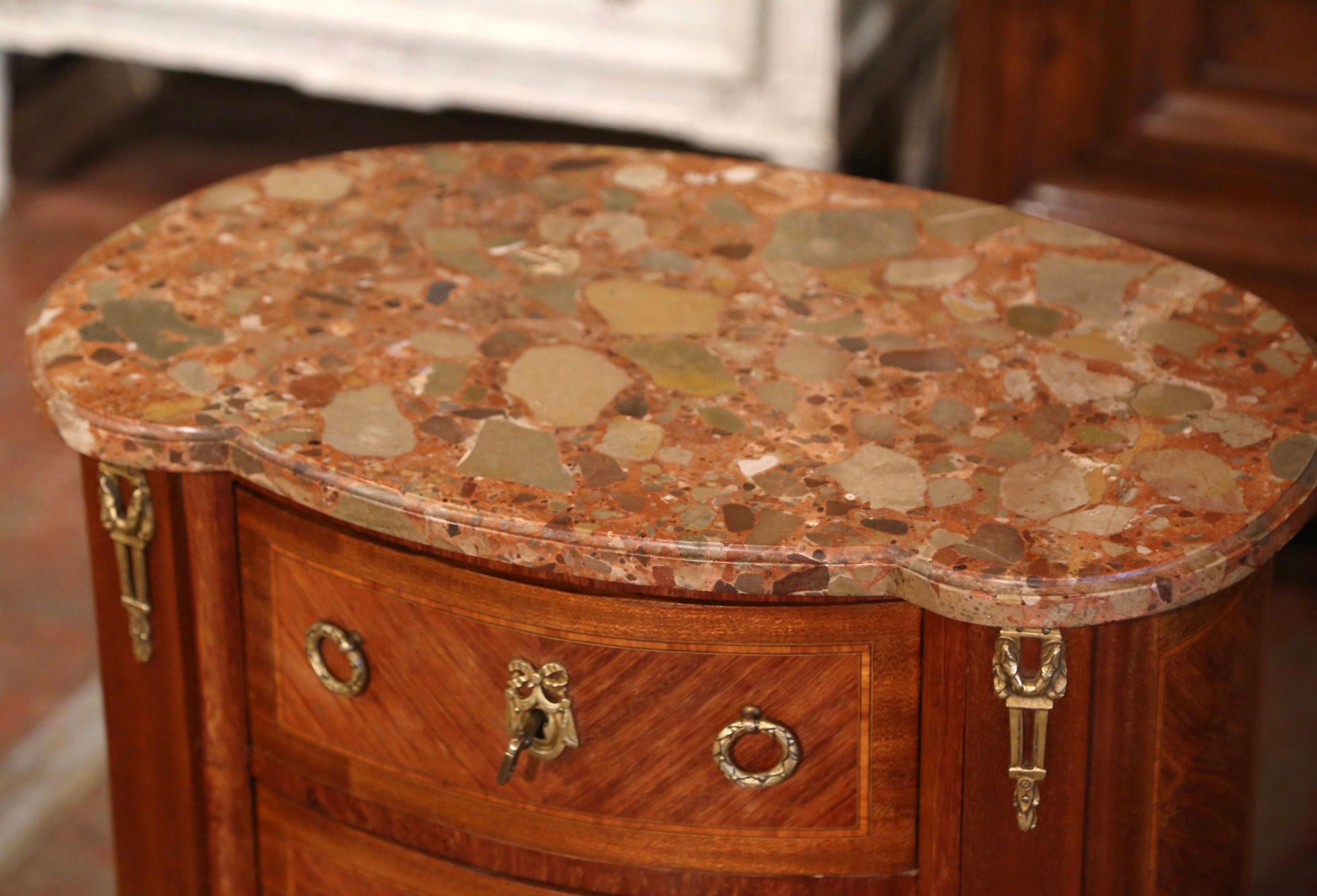Hand-Carved Mid-Century French Louis XV Marble Top Walnut Inlaid Commode Chest of Drawers For Sale