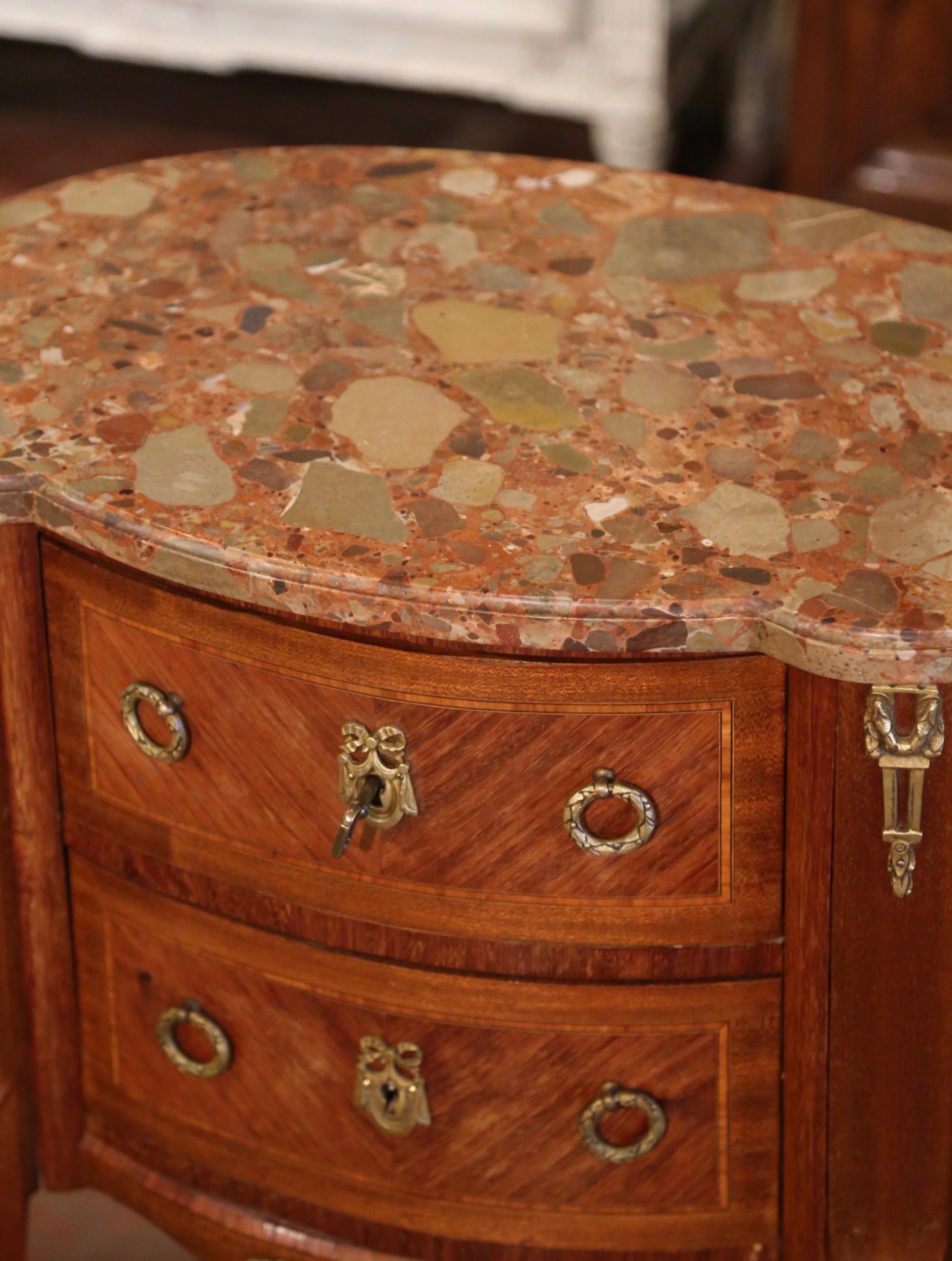 20th Century Mid-Century French Louis XV Marble Top Walnut Inlaid Commode Chest of Drawers For Sale