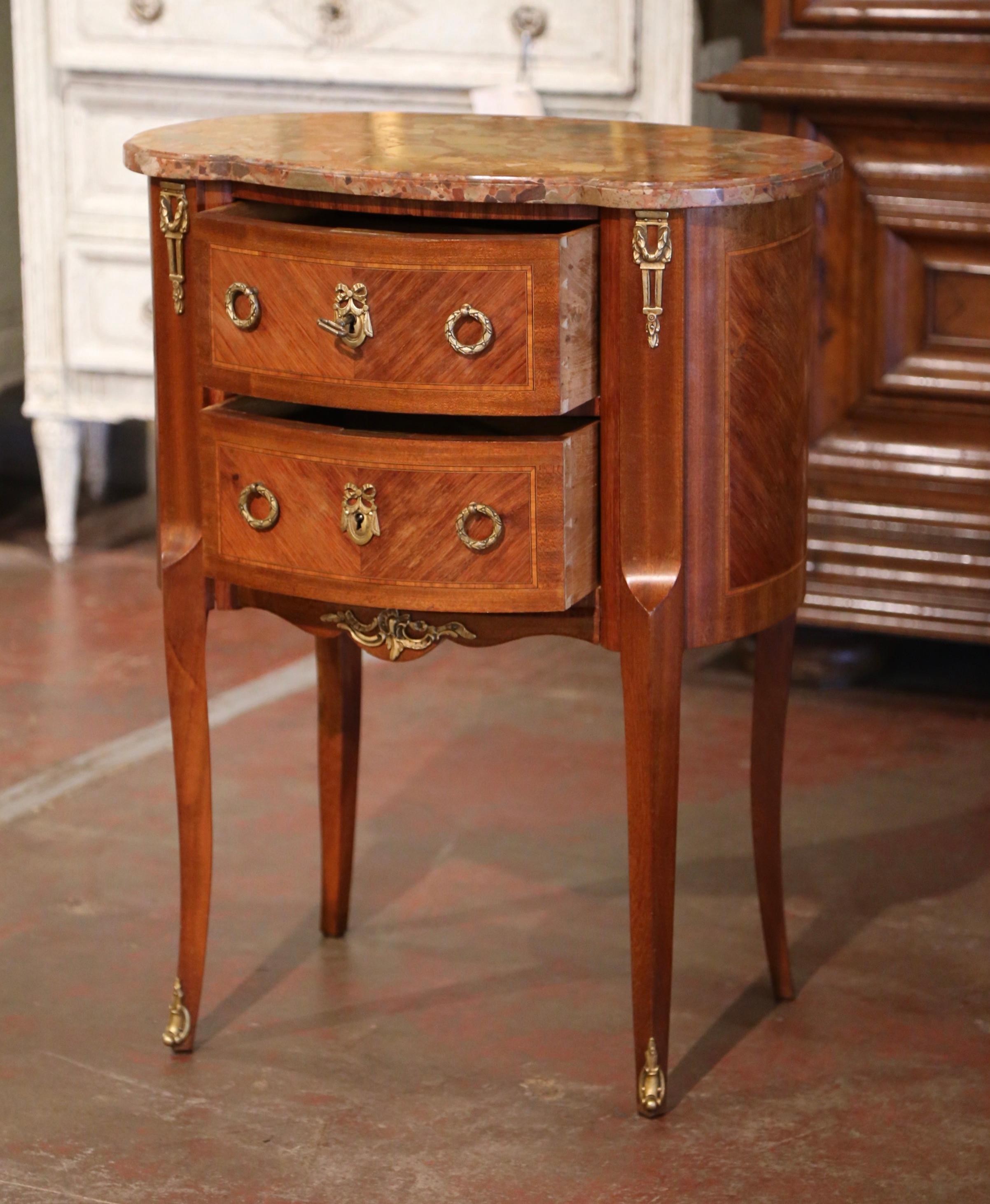 Bronze Mid-Century French Louis XV Marble Top Walnut Inlaid Commode Chest of Drawers For Sale