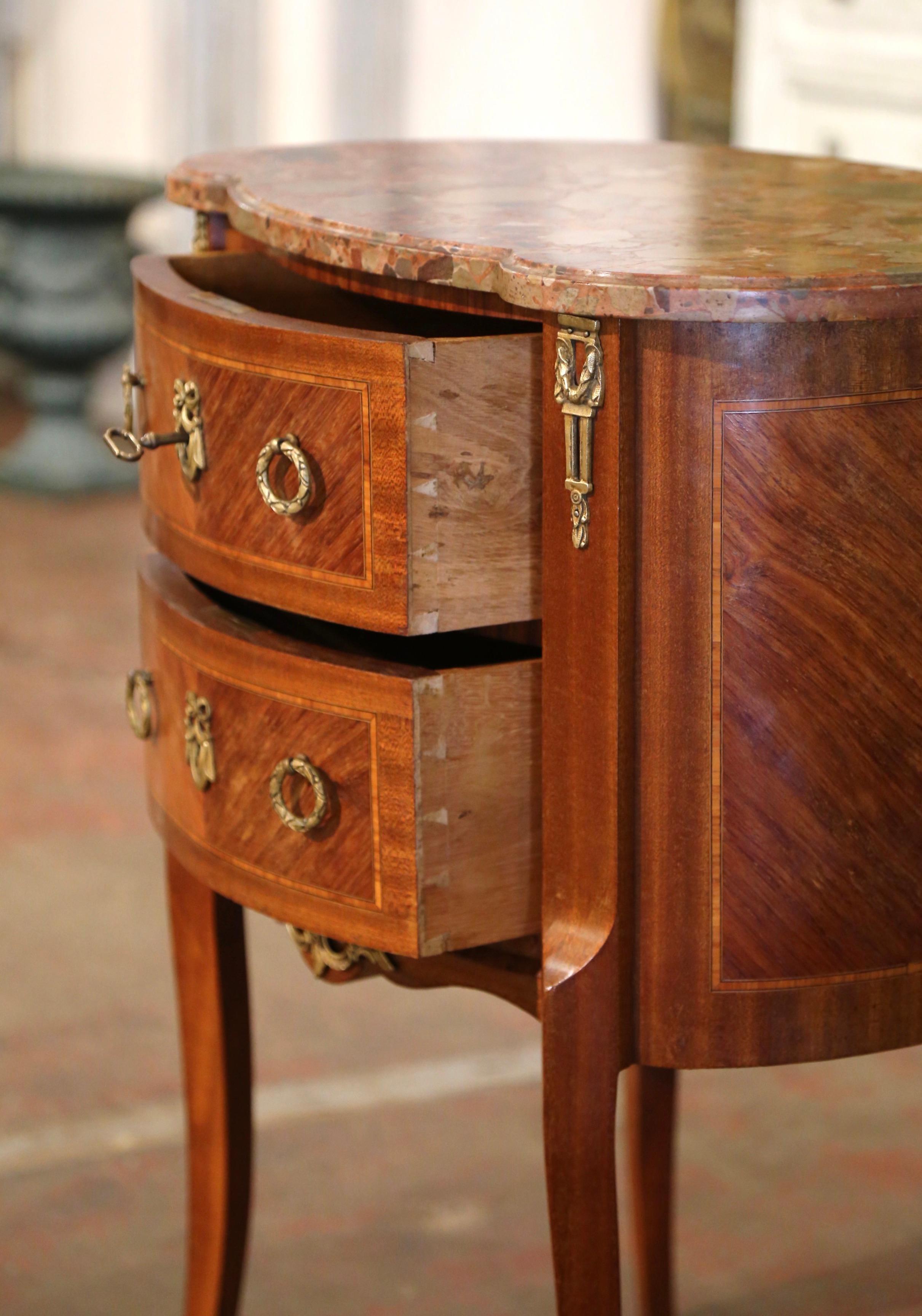 Mid-Century French Louis XV Marble Top Walnut Inlaid Commode Chest of Drawers For Sale 1