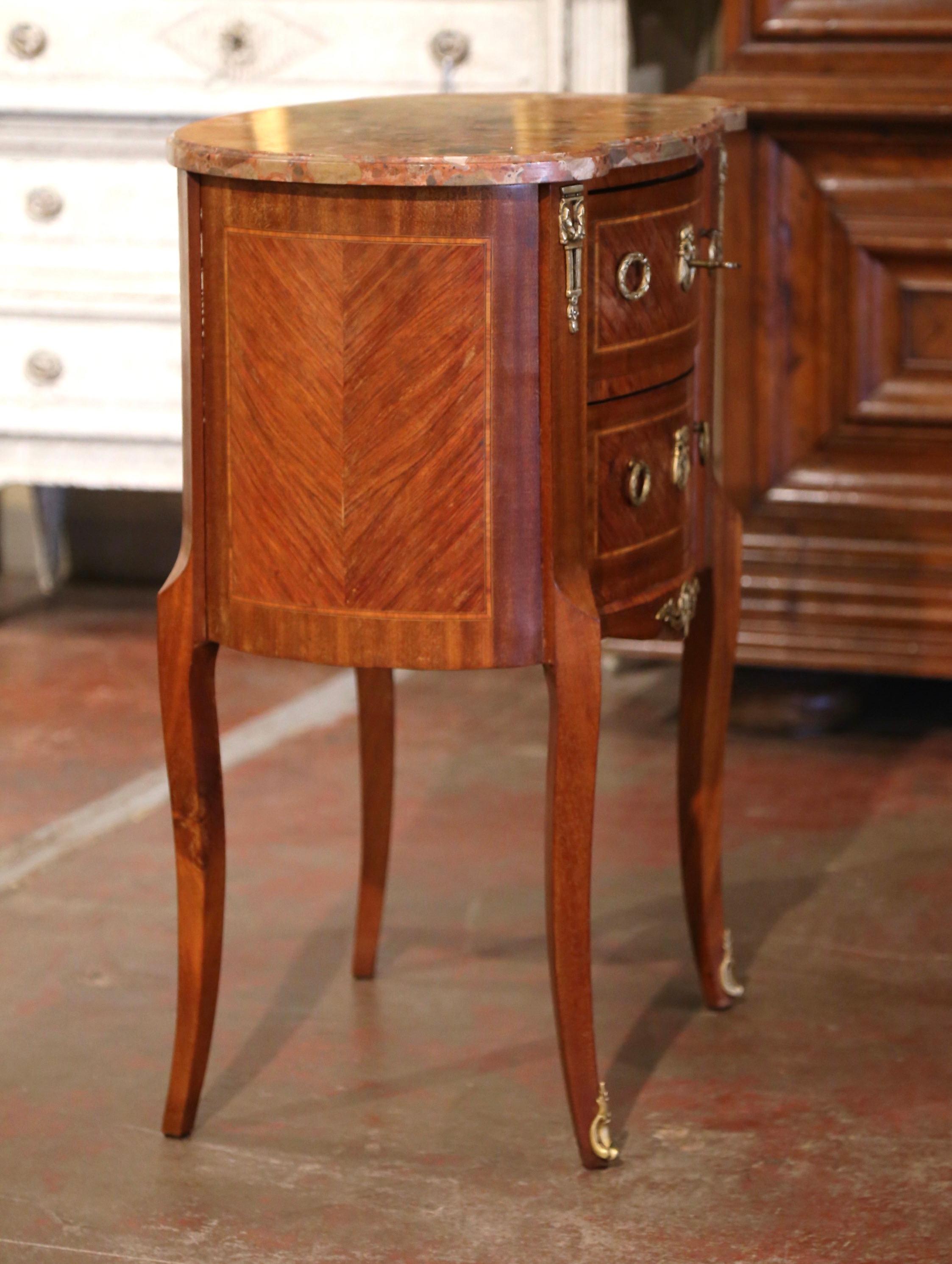 Mid-Century French Louis XV Marble Top Walnut Inlaid Commode Chest of Drawers For Sale 2