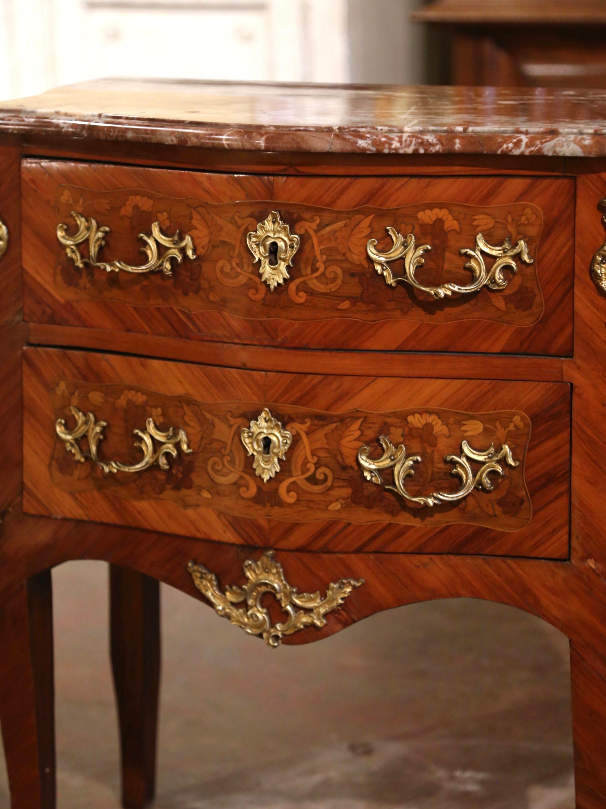 Hand-Carved Mid-Century French Louis XV Marble Top Walnut Marquetry Bombe Chest of Drawers