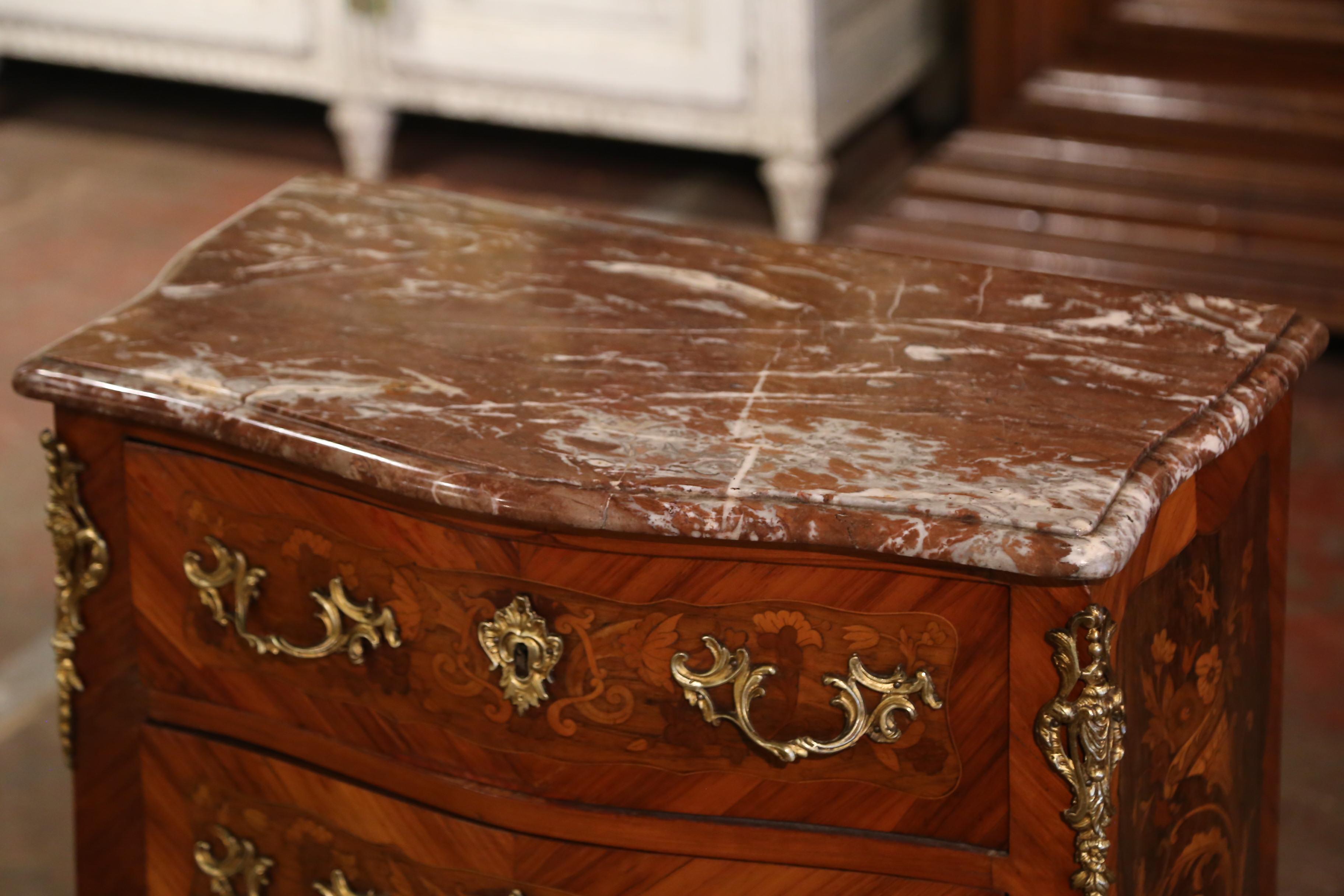 Mid-Century French Louis XV Marble Top Walnut Marquetry Bombe Chest of Drawers In Excellent Condition In Dallas, TX
