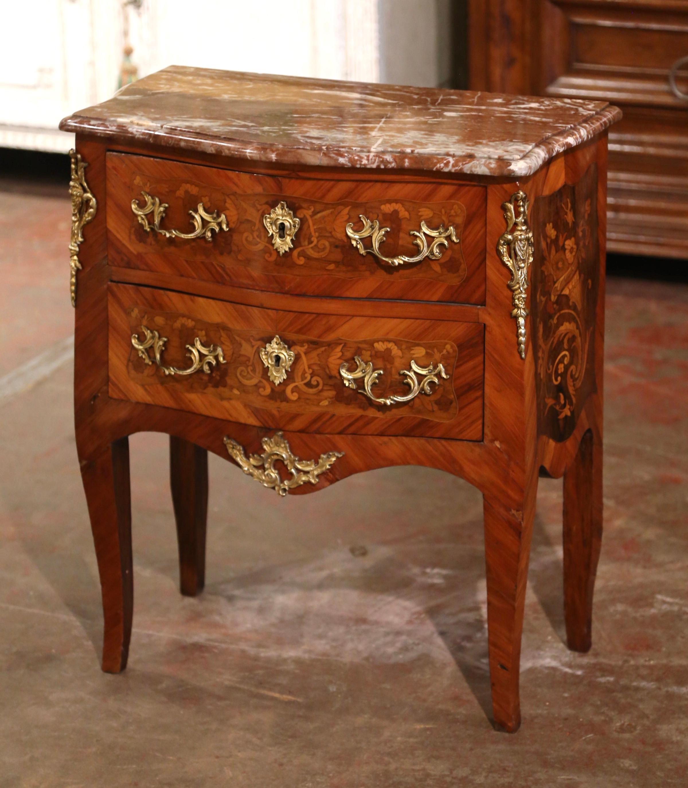 20th Century Mid-Century French Louis XV Marble Top Walnut Marquetry Bombe Chest of Drawers
