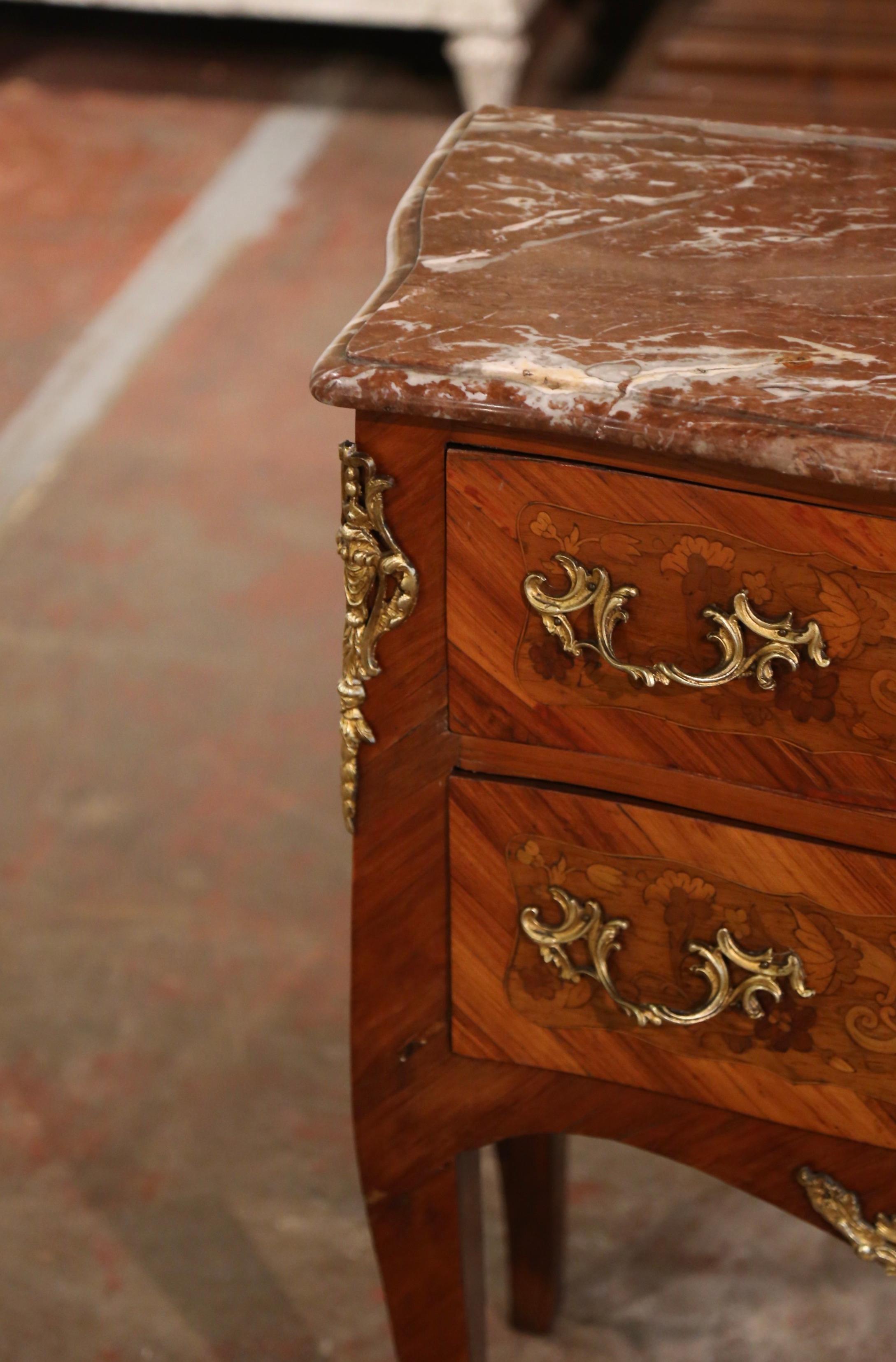 Bronze Mid-Century French Louis XV Marble Top Walnut Marquetry Bombe Chest of Drawers