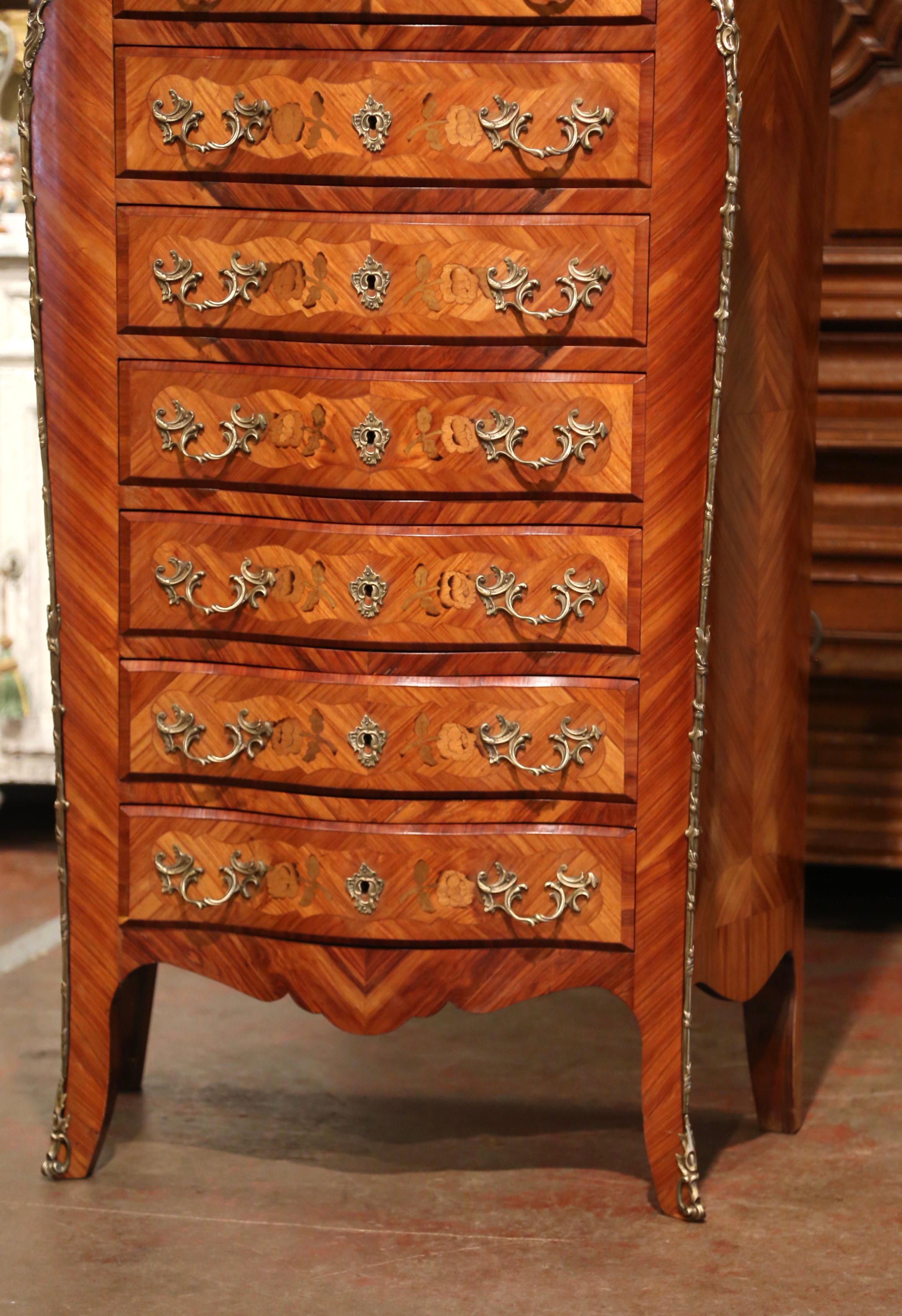 Mid-Century French Louis XV Marquetry Marble Top Bombe Seven-Drawer Semainier In Excellent Condition For Sale In Dallas, TX