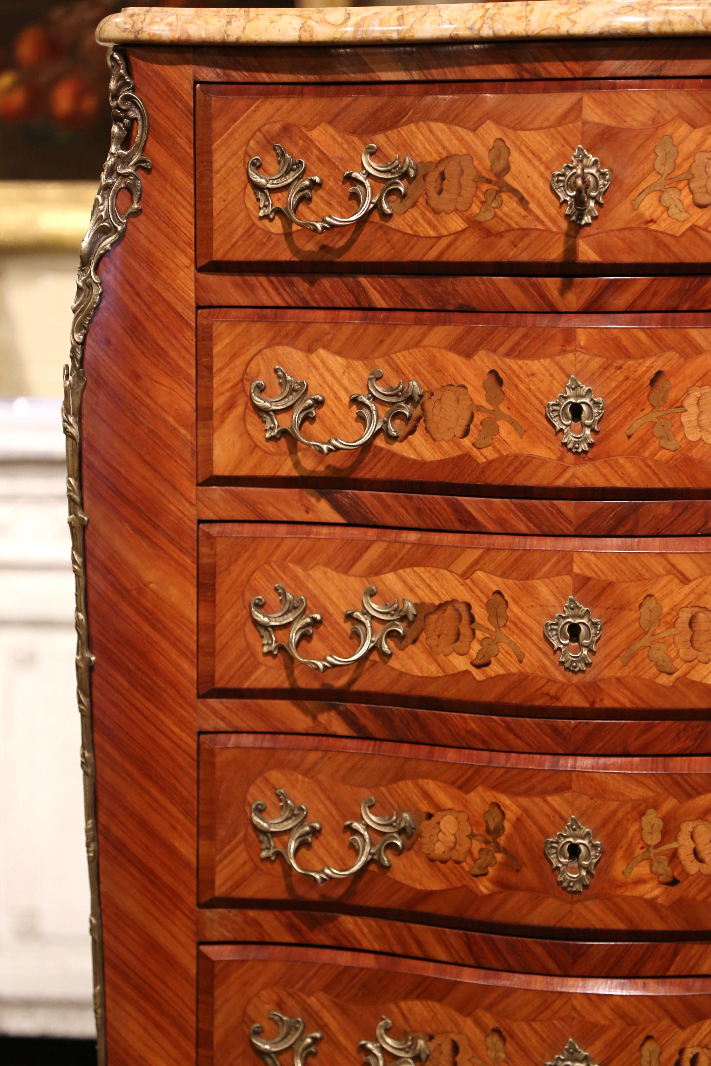 Walnut Mid-Century French Louis XV Marquetry Marble Top Bombe Seven-Drawer Semainier For Sale