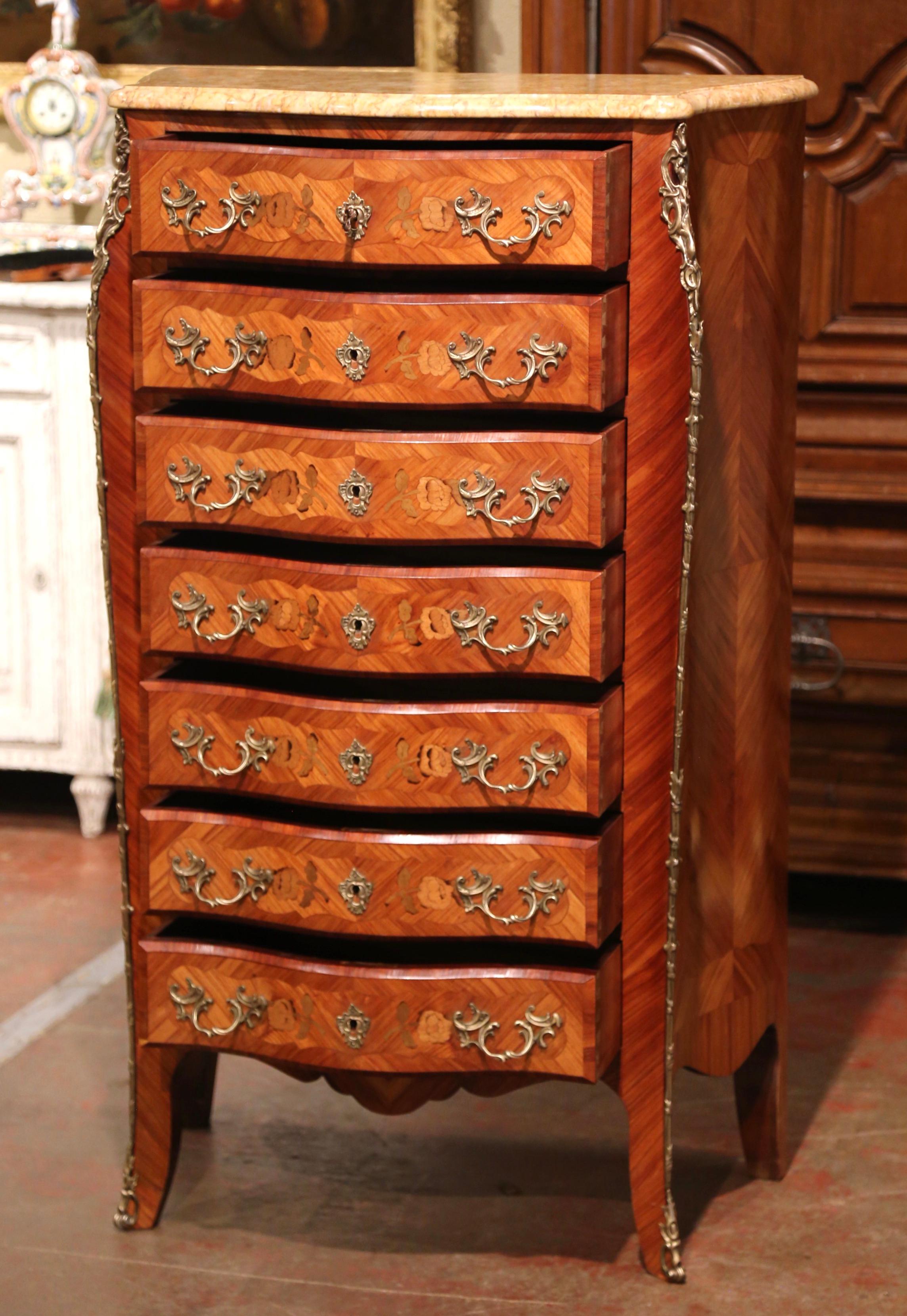 Mid-Century French Louis XV Marquetry Marble Top Bombe Seven-Drawer Semainier For Sale 1
