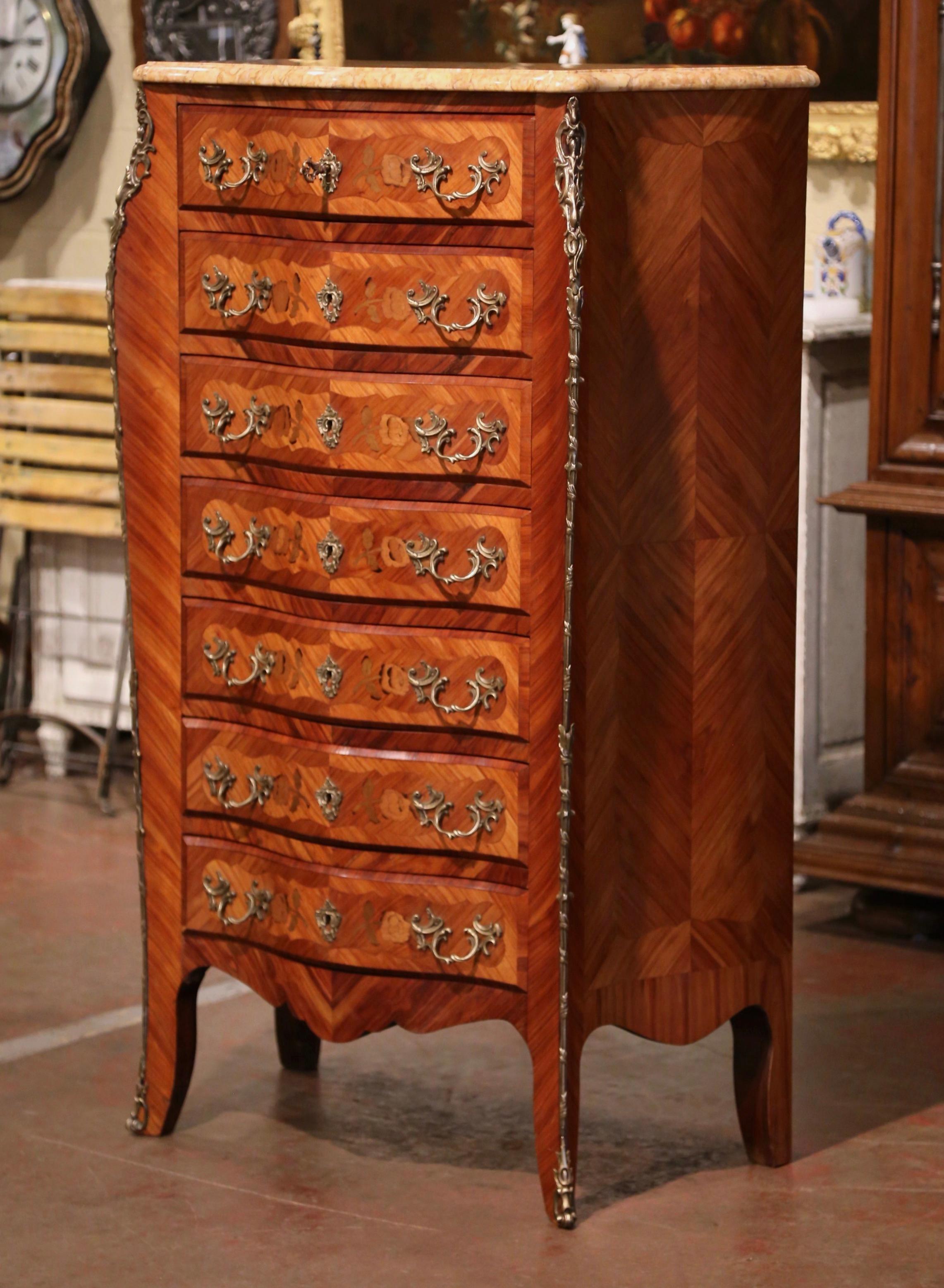 Mid-Century French Louis XV Marquetry Marble Top Bombe Seven-Drawer Semainier For Sale 3