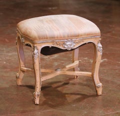 Mid-Century French Louis XV Painted Stool with Carved Shells and Stretcher Base