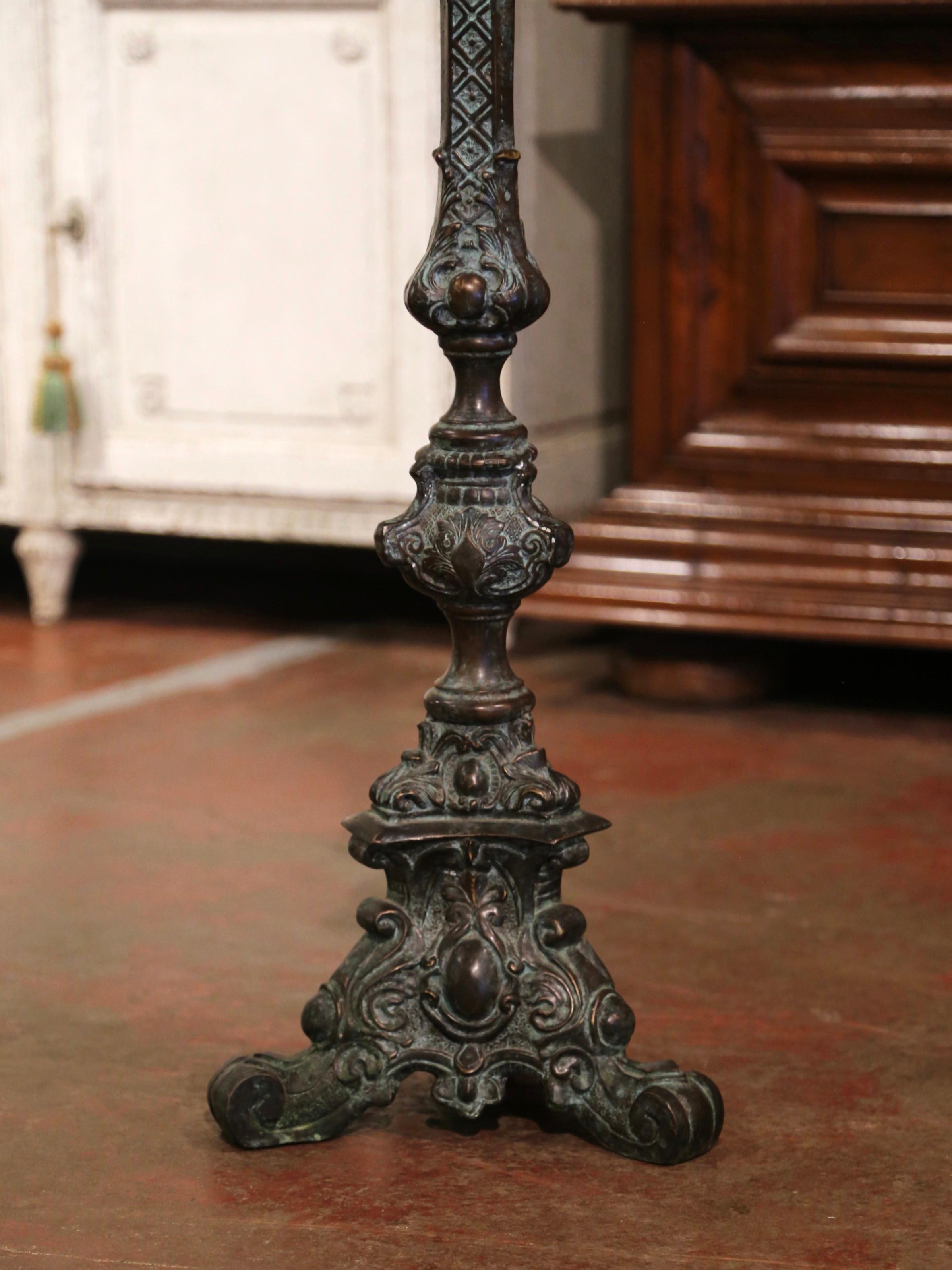 Hand-Crafted Mid-Century French Louis XV Patinated Verdigris Bronze Candle Holder For Sale